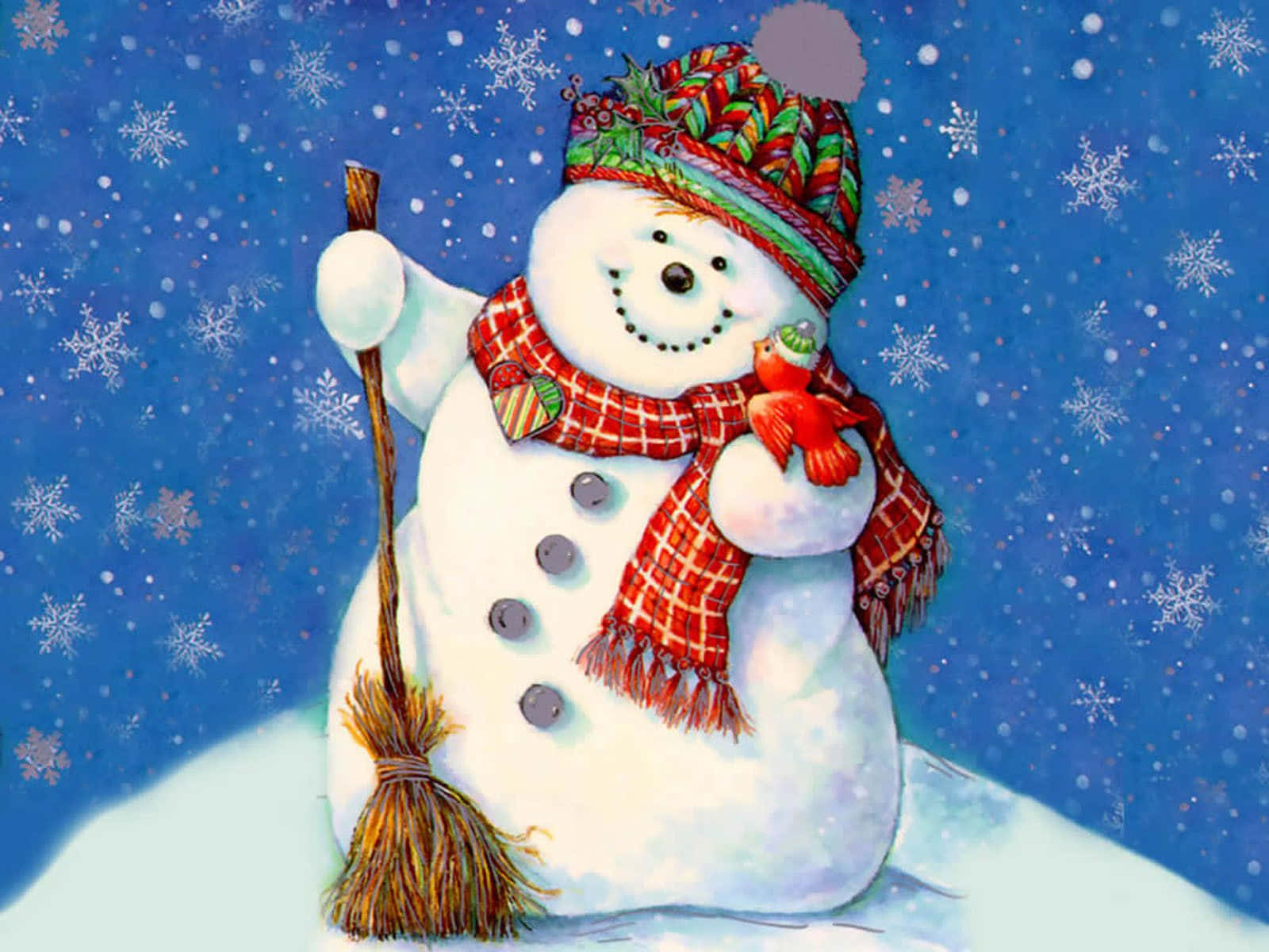 Christmas Snowman 桌布 壁紙 — 一個戴著彩色帽子和紅色圍巾的快樂雪人，在雪白的藍天下拿著掃帚和一隻紅衣鳳頭鳥。
