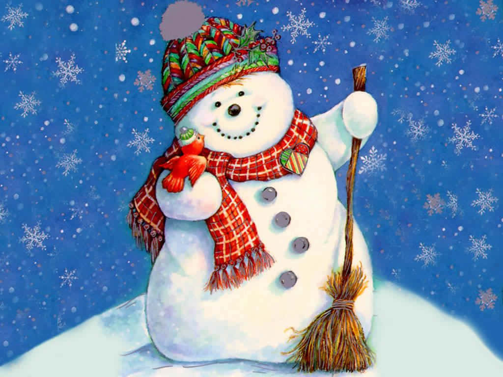  壁紙 — 一個戴著彩色帽子和紅色格紋圍巾的快樂雪人，在飄雪的藍色背景上抱著一隻小鳥。