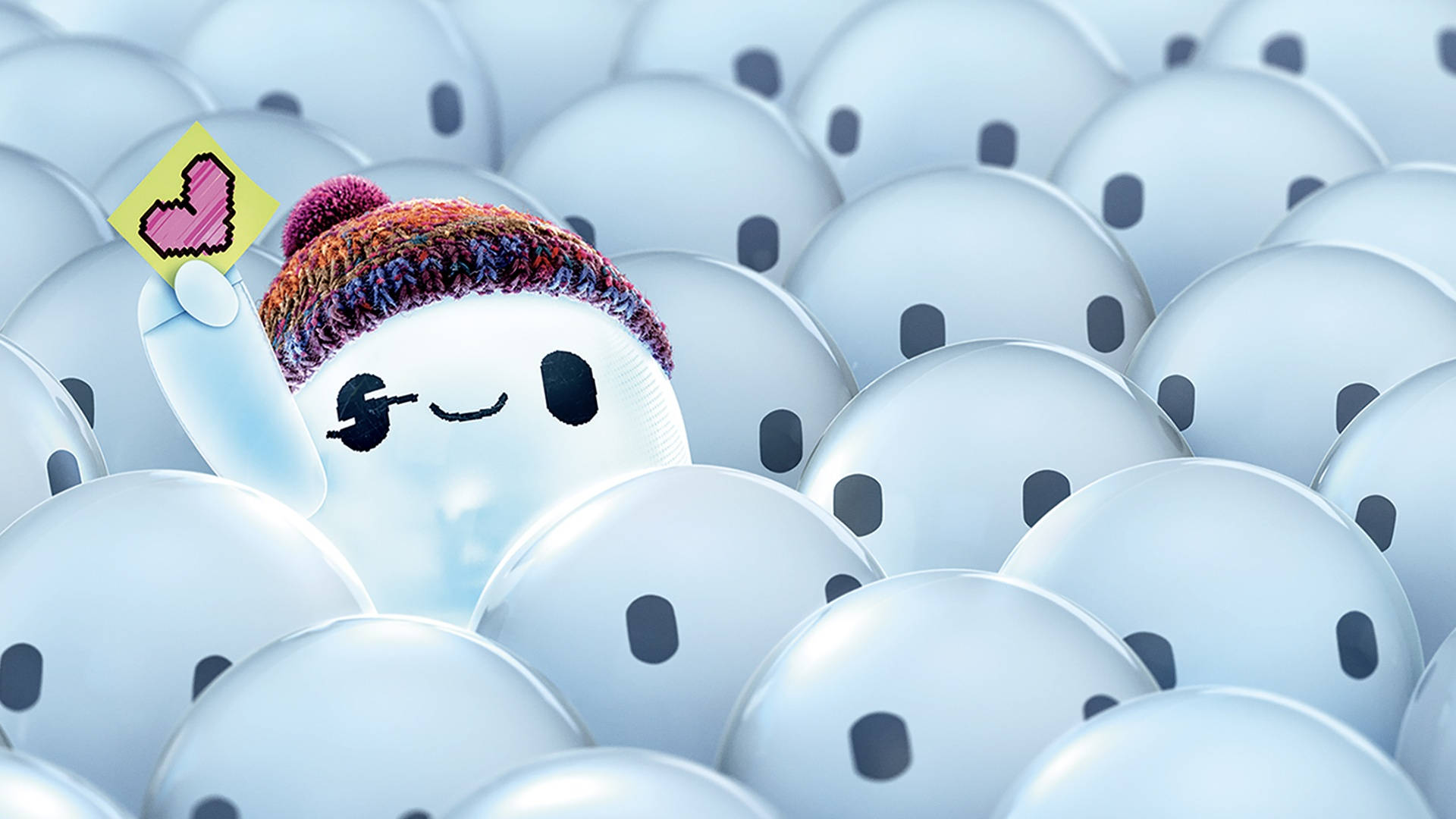 cute aesthetic pc 桌布 壁紙 — 一個戴著彩色針織帽的快樂雪人，在周圍相同蒼白的雪人中舉起一個像素心。