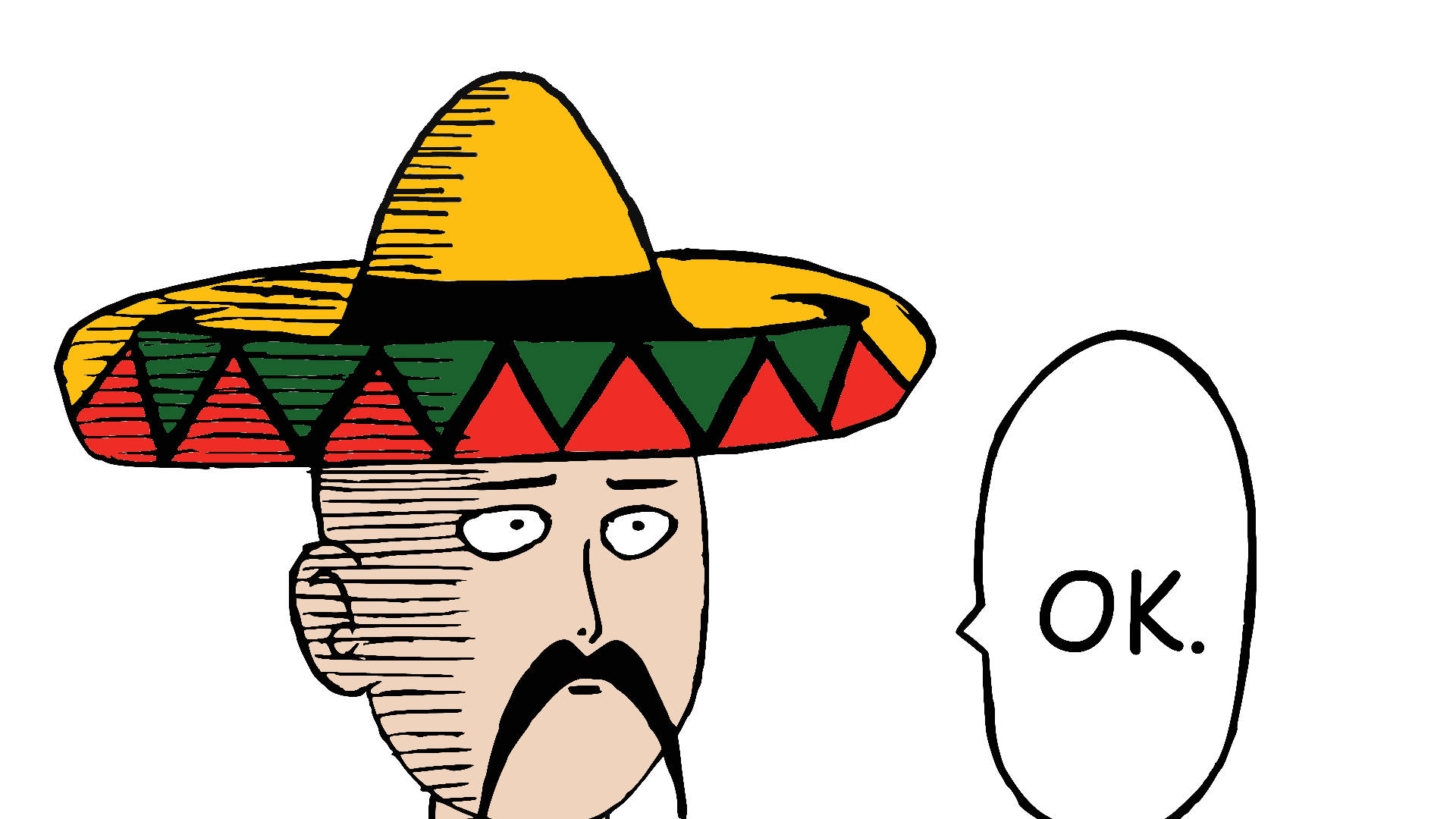 Mexican 桌布 壁紙 — 一個戴著彩色闊邊帽、留鬍鬚的卡通男人，表情無奈，對話框寫著「OK」。