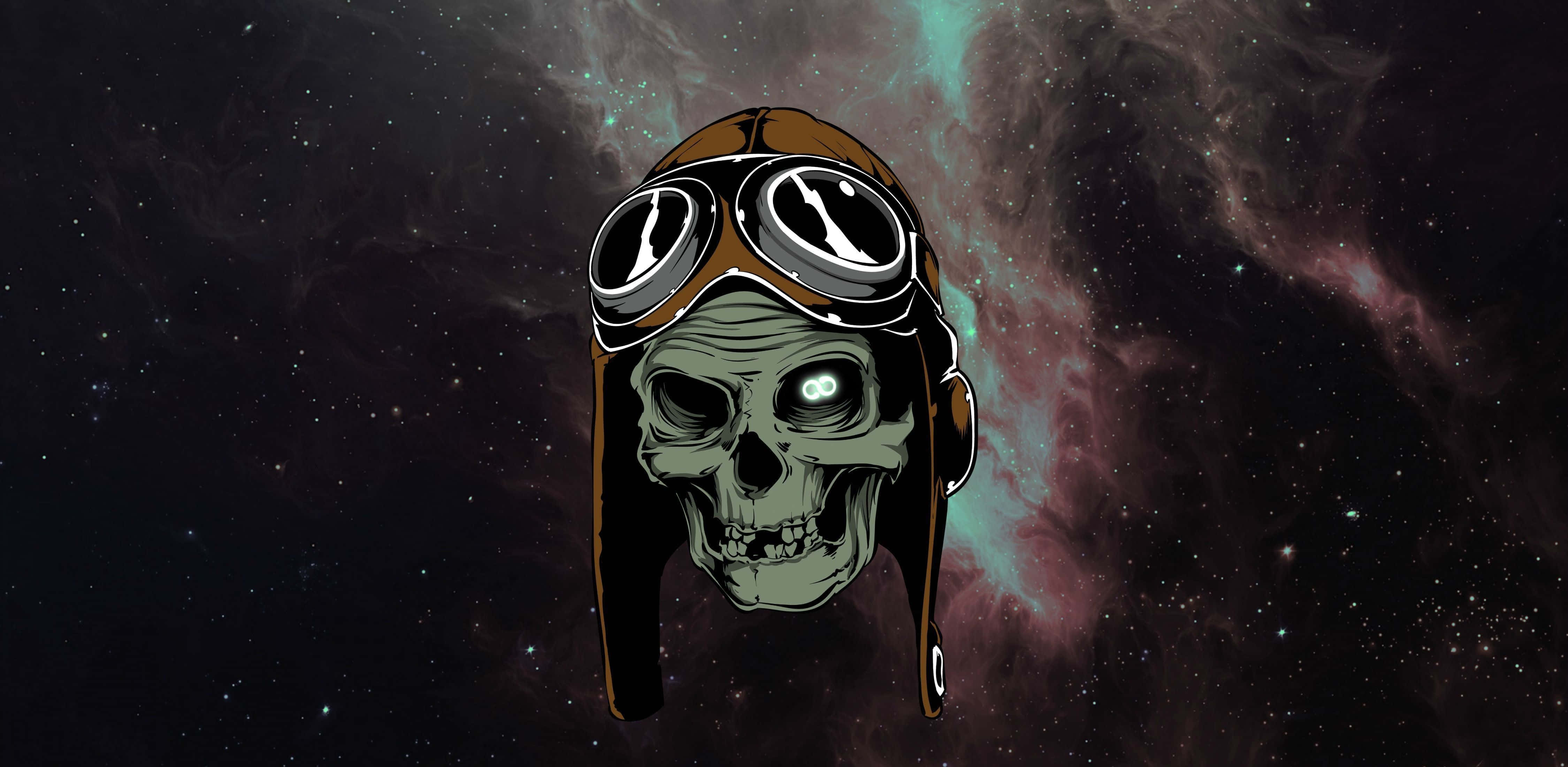 Heavy Metal 桌布 壁紙 — 一個戴著復古飛行員護目鏡的頭骨在宇宙星雲背景中漂浮，伴隨著閃爍的星星。