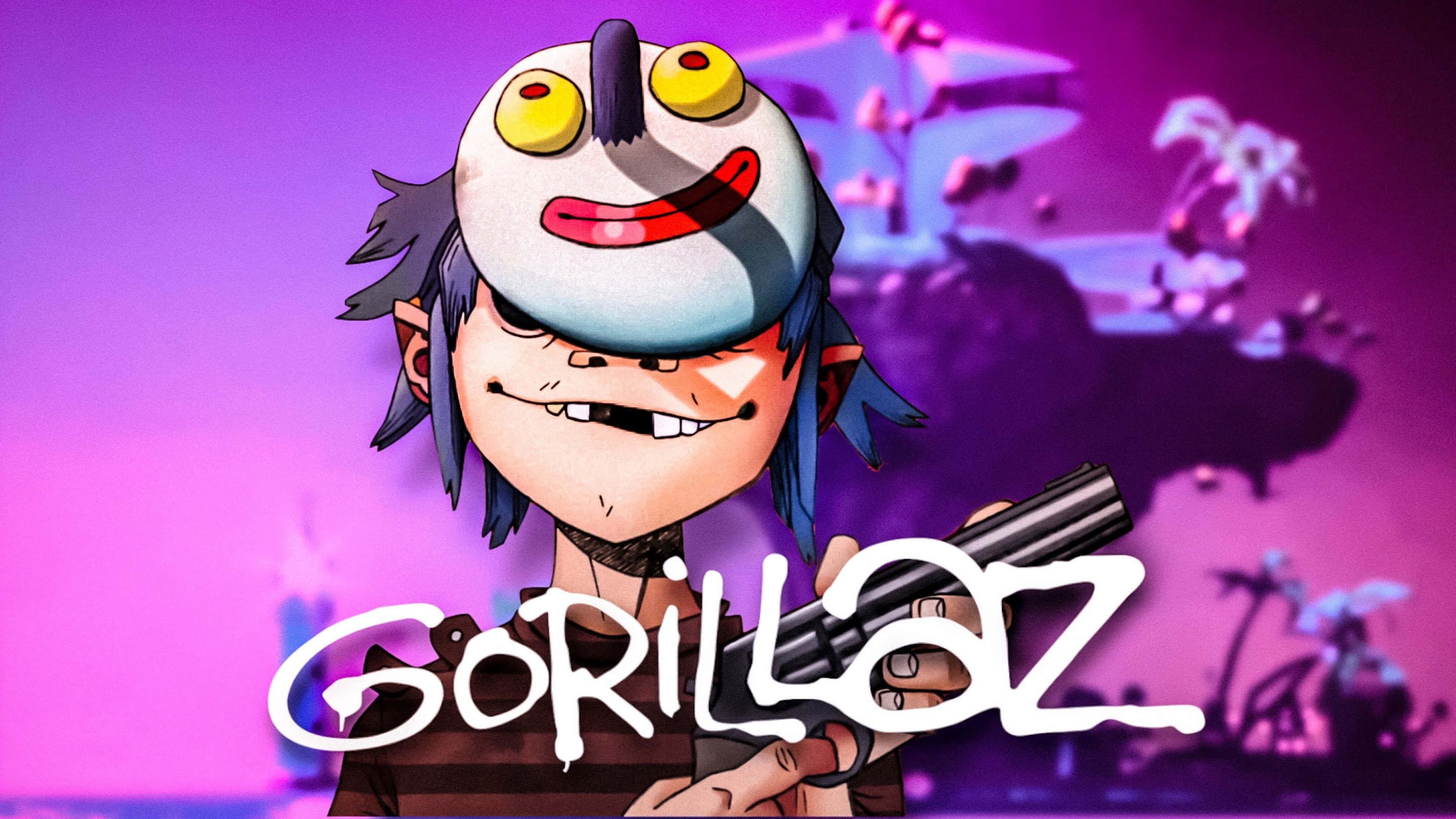 2d 桌布 壁紙 — 一個戴著微笑面具、藍色頭髮的卡通角色在紫色外星景觀中持槍。