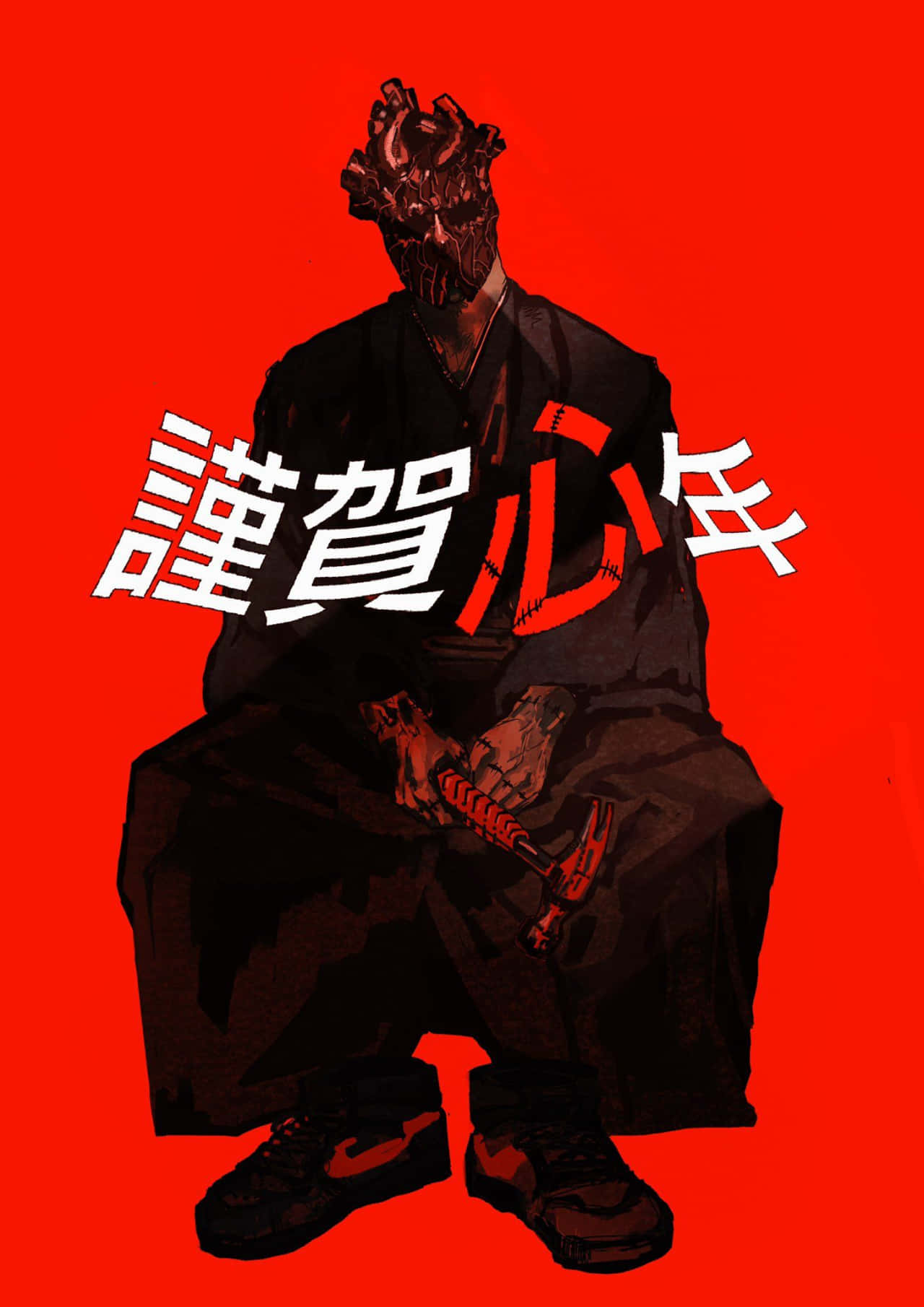 dorohedoro 桌布 壁紙 — 一個戴著心形面具的黑暗動漫人物盤腿坐在鮮紅色背景前，背景上有粗體白色日文字。