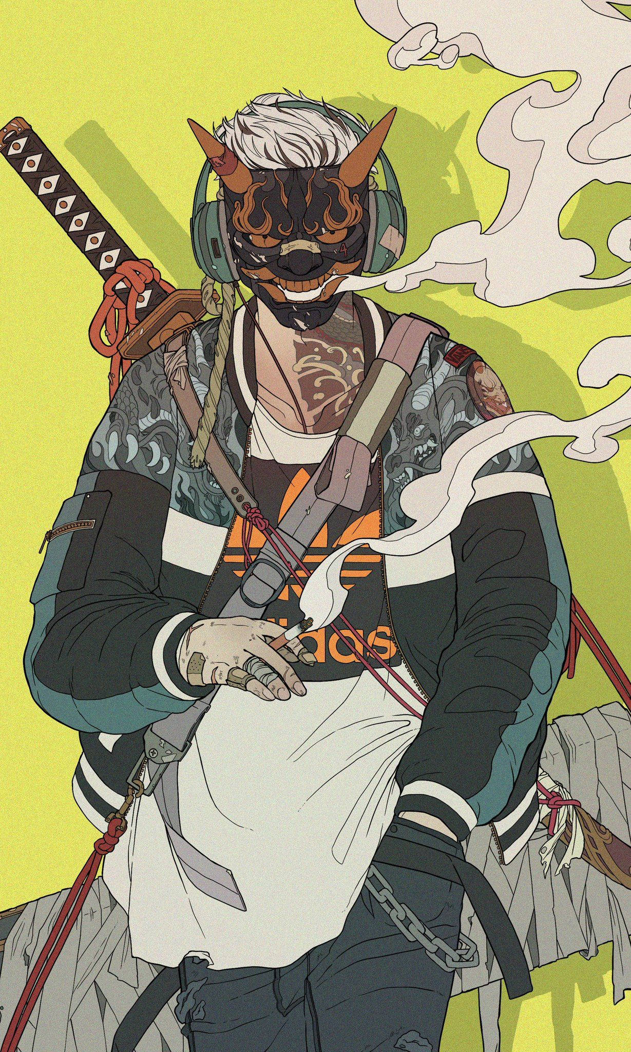 Samurai Art 桌布 壁紙 — 一個戴著惡魔面具、戴著耳機、手持武士刀的動漫戰士在鮮黃色背景前抽煙。