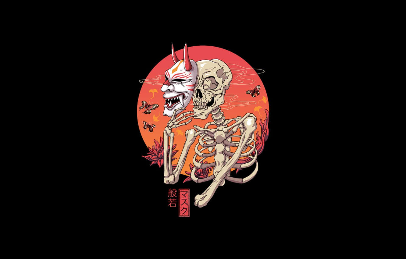 Yokai 桌布 壁紙 — 一個戴著惡魔面具的骷髏身影，在熾熱的紅色太陽背景下擁抱，伴有蝴蝶和日文字。