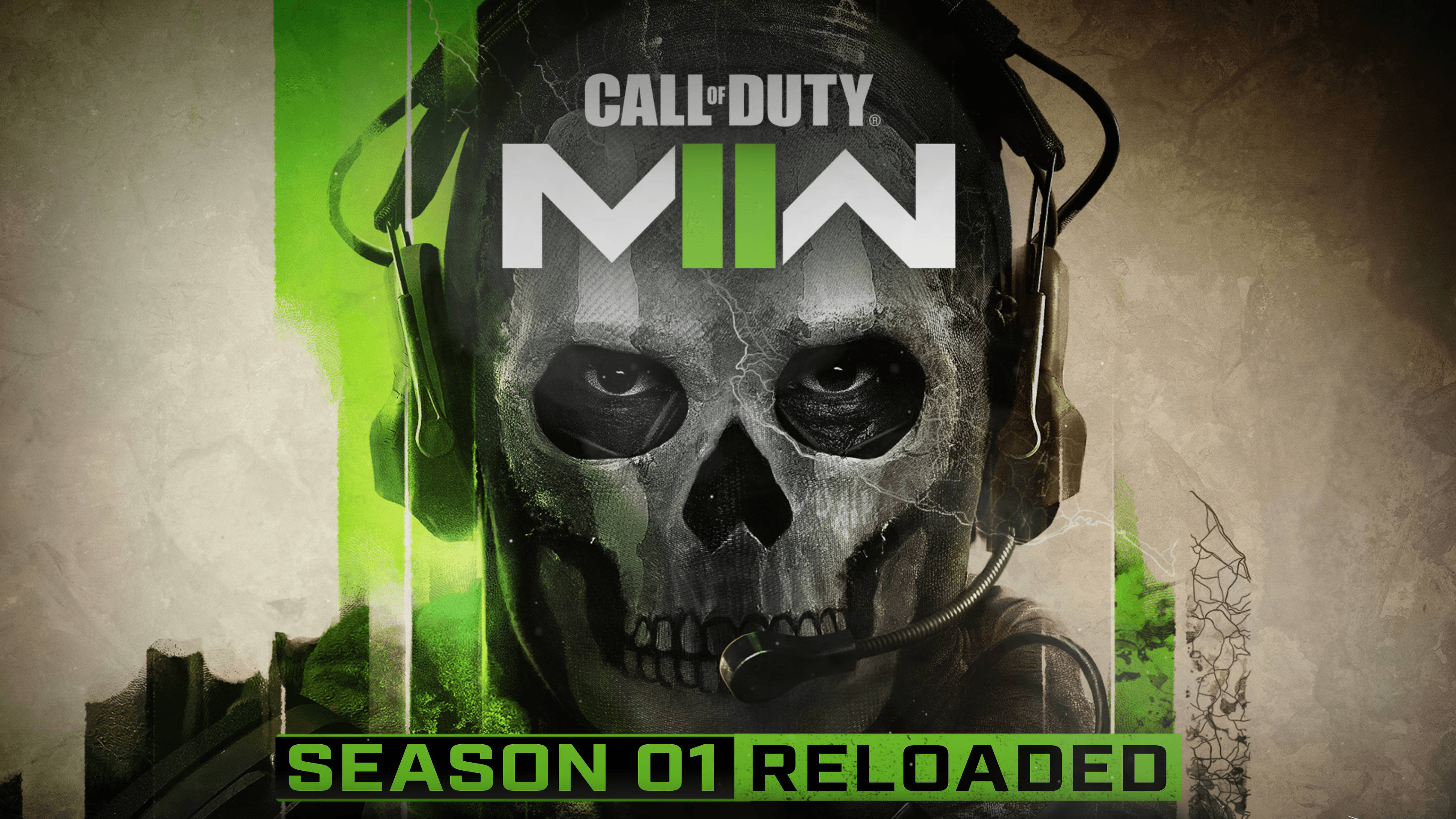 Green Fire Skull 桌布 壁紙 — 一個戴著戰術耳機的頭骨，帶有綠色燈光和「Call of Duty MW Season 01 Reloaded」文字。