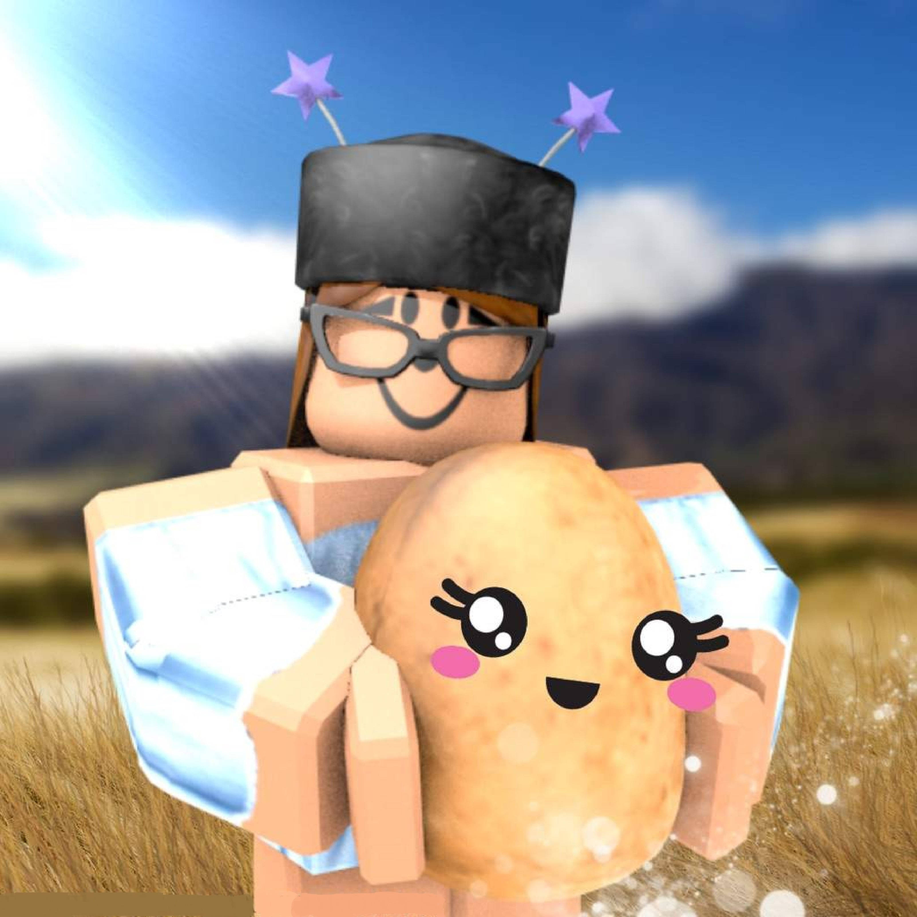 Roblox 女孩 桌布 壁紙 — 一個戴著星星帽和眼鏡的 Roblox 角色在陽光明媚的田野裡抱著一個帶有腮紅和睫毛的可愛動畫馬鈴薯。