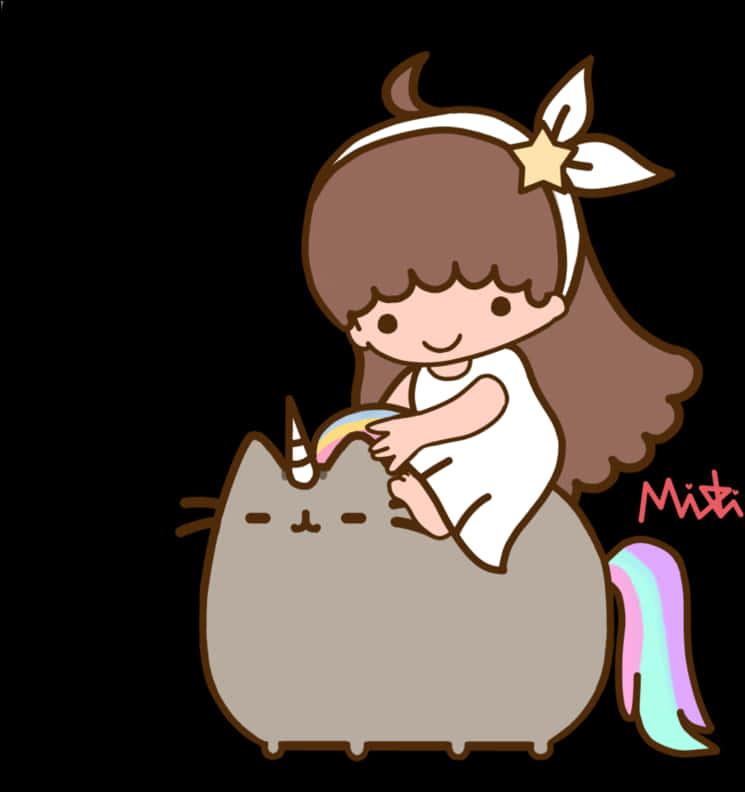 Cartoon 桌布 壁紙 — 一個戴著星星頭帶的可愛女孩，正在愛撫一隻擁有彩虹角和尾巴的胖灰貓。