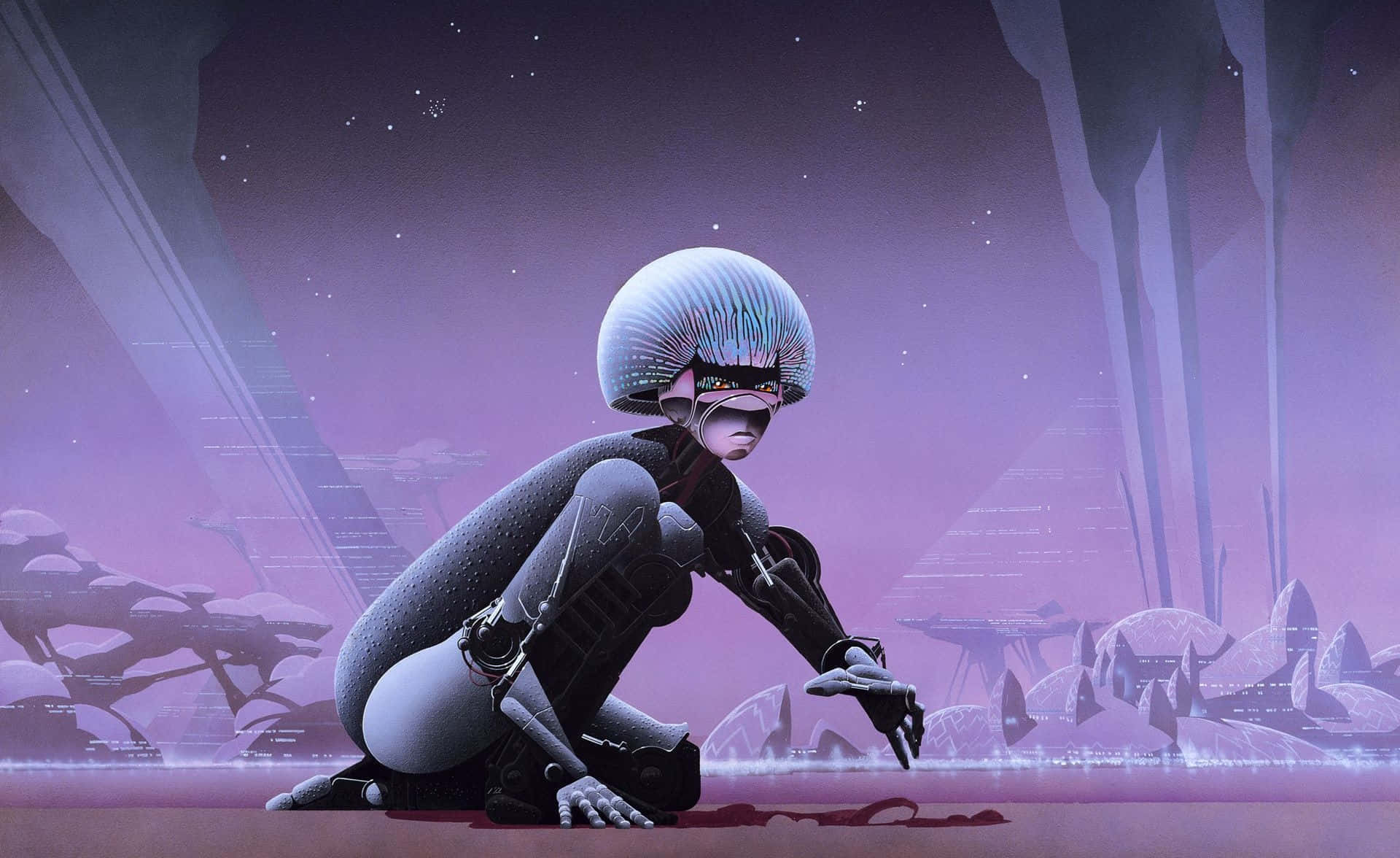 Cartoon Sci-fi 桌布 壁紙 — 一個戴著時尚頭盔的未來人形機器人在星空下發光的紫色外星景觀中跪下。