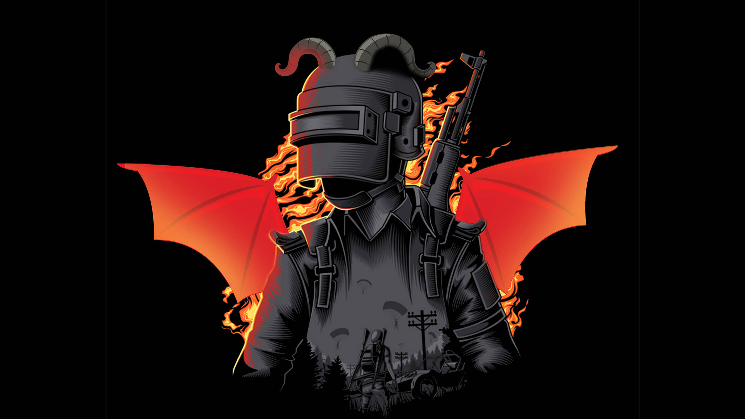 Playerunknown's Battlegrounds 桌布 壁紙 — 一個戴著有角和紅色翅膀的頭盔的惡魔士兵從黑色背景的火焰中出現。
