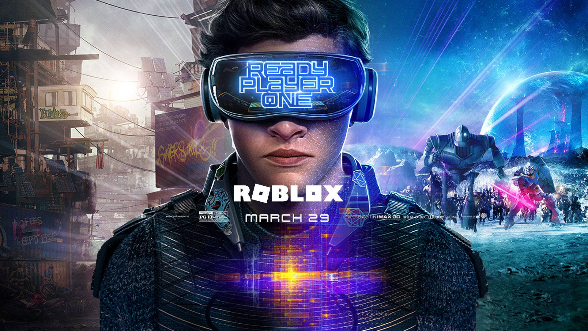 Roblox 桌布 壁紙 — 一個戴著未來感VR眼鏡的年輕男子站在一個分裂的場景前，一邊是破敗的城市，另一邊是發光的科幻景觀。