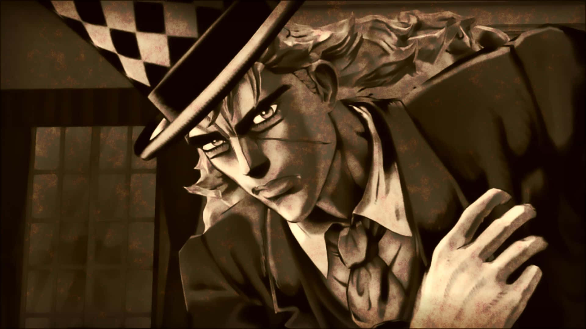 Phantom Blood 桌布 壁紙 — 一個戴著格紋高帽、眼神銳利、臉上帶疤的動漫角色，在復古色調的房間裡向前傾，充滿威脅感。