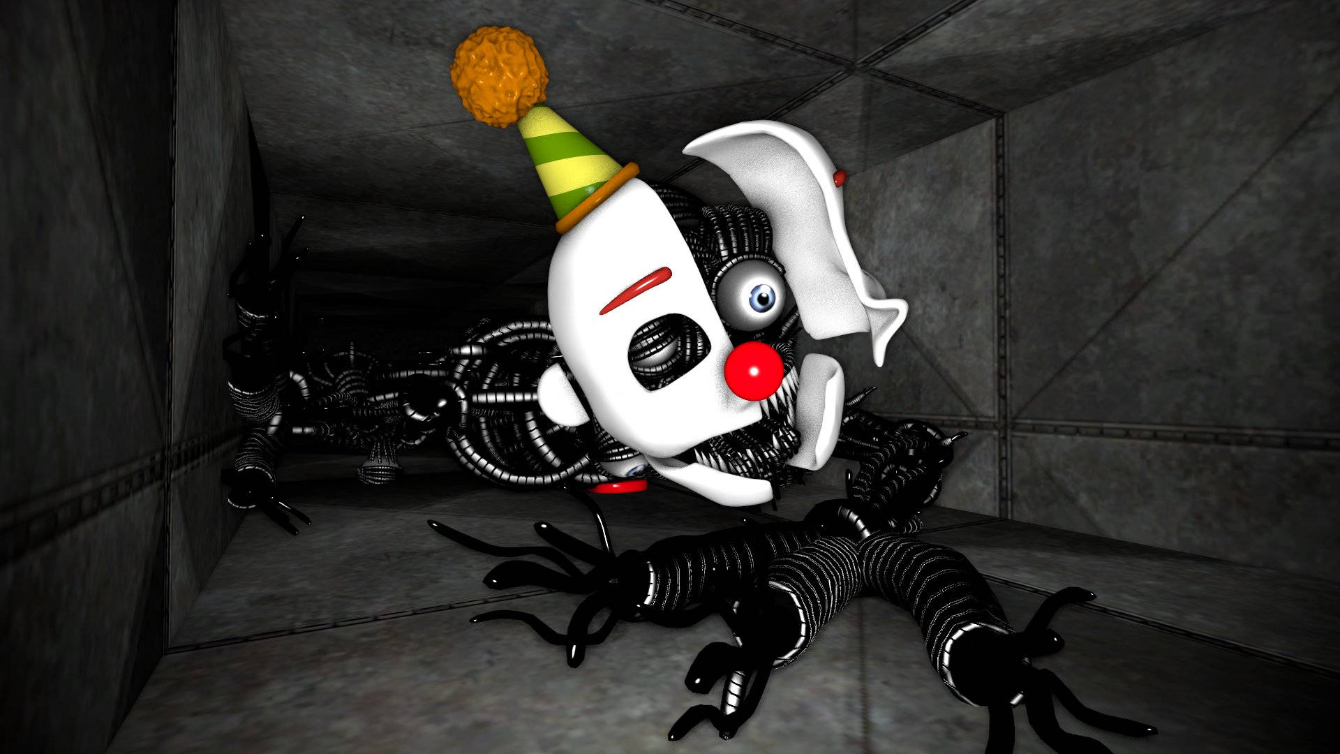 Ennard 桌布 壁紙 — 一個戴著條紋派對帽、擁有機械四肢的可怕小丑，在骯髒的工業走廊中爬行。