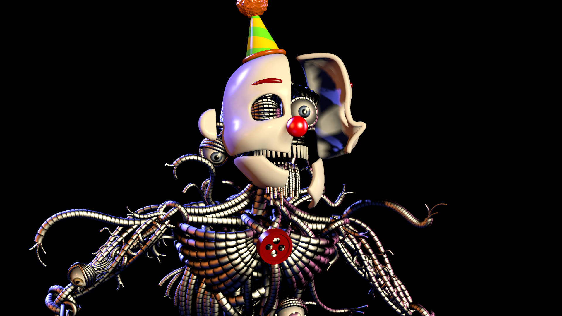 Ennard 桌布 壁紙 — 一個戴著條紋派對帽、擁有機械身體的可怕小丑，背景為黑色。
