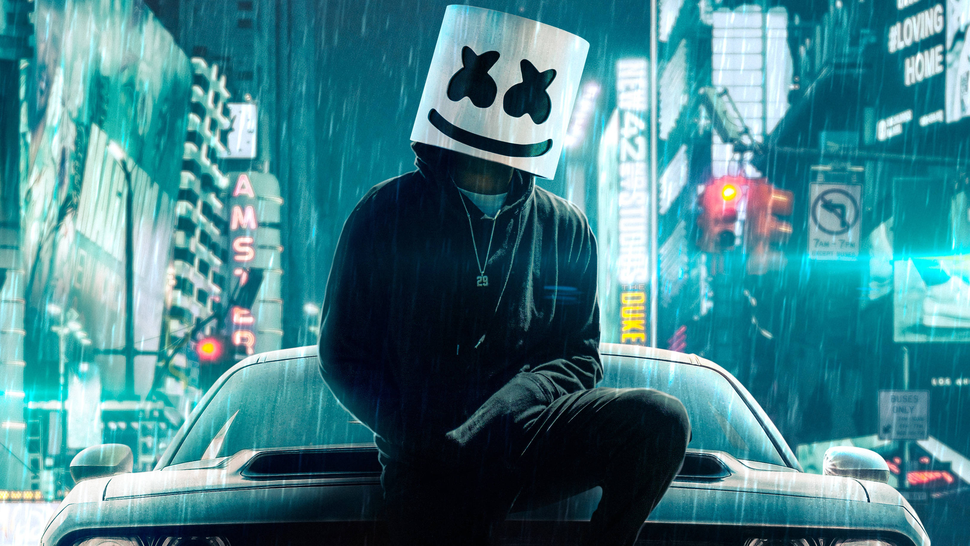 marshmello 4K 桌布 壁紙 — 一個戴著棉花糖面具的人物坐在一輛車上，身處夜晚霓虹燈閃爍的雨景城市中。
