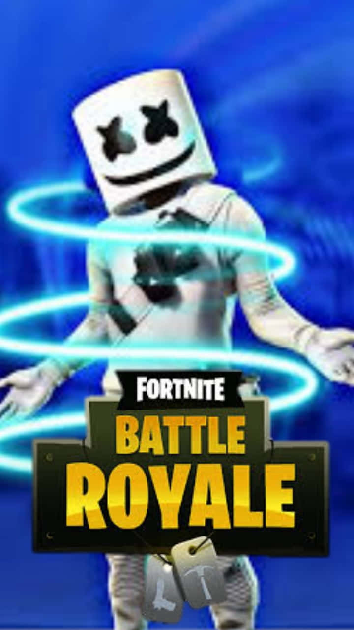 Fortnite Marshmello 桌布 壁紙 — 一個戴著棉花糖頭盔的 Fortnite 角色，在深藍色背景上被發光的藍色圓環包圍。