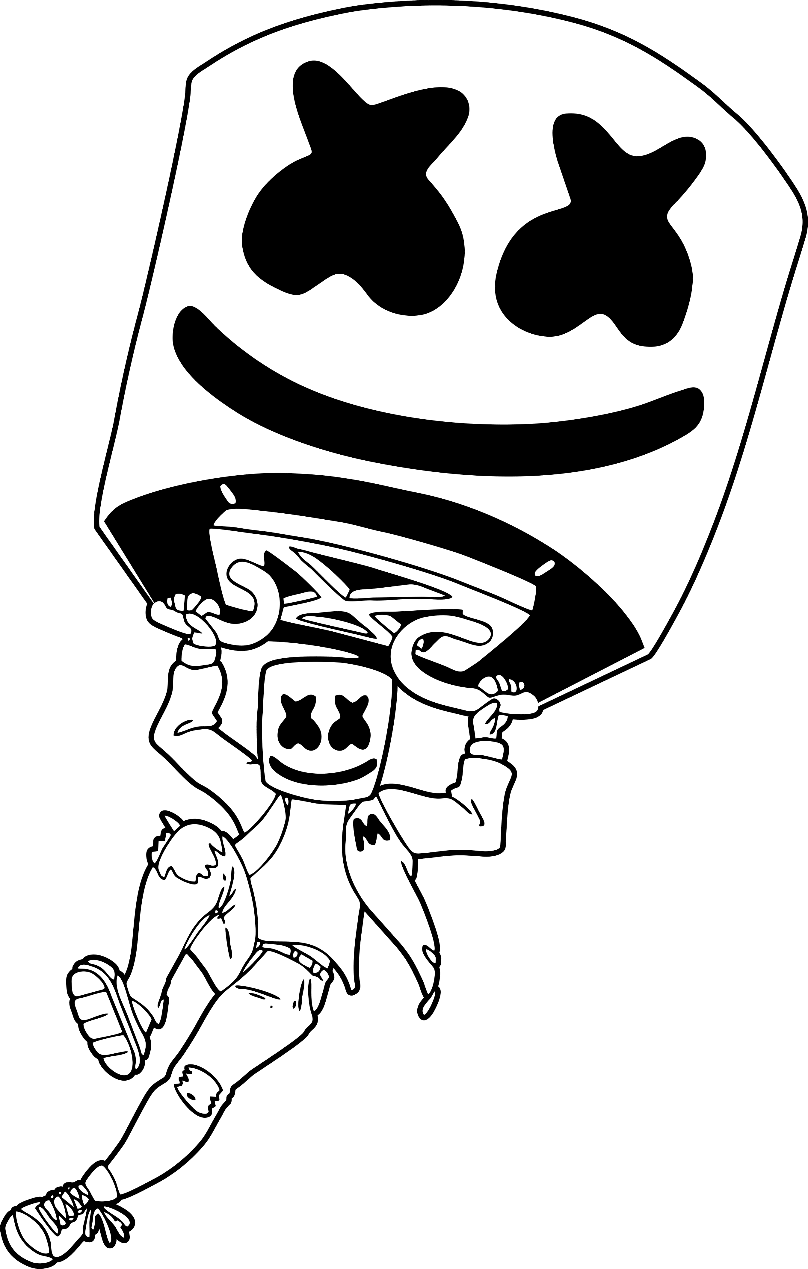 Marshmello 動態圖 桌布 壁紙 — 一個戴著棉花糖頭盔的卡通角色在純綠色背景上舉起自己的巨大版本。