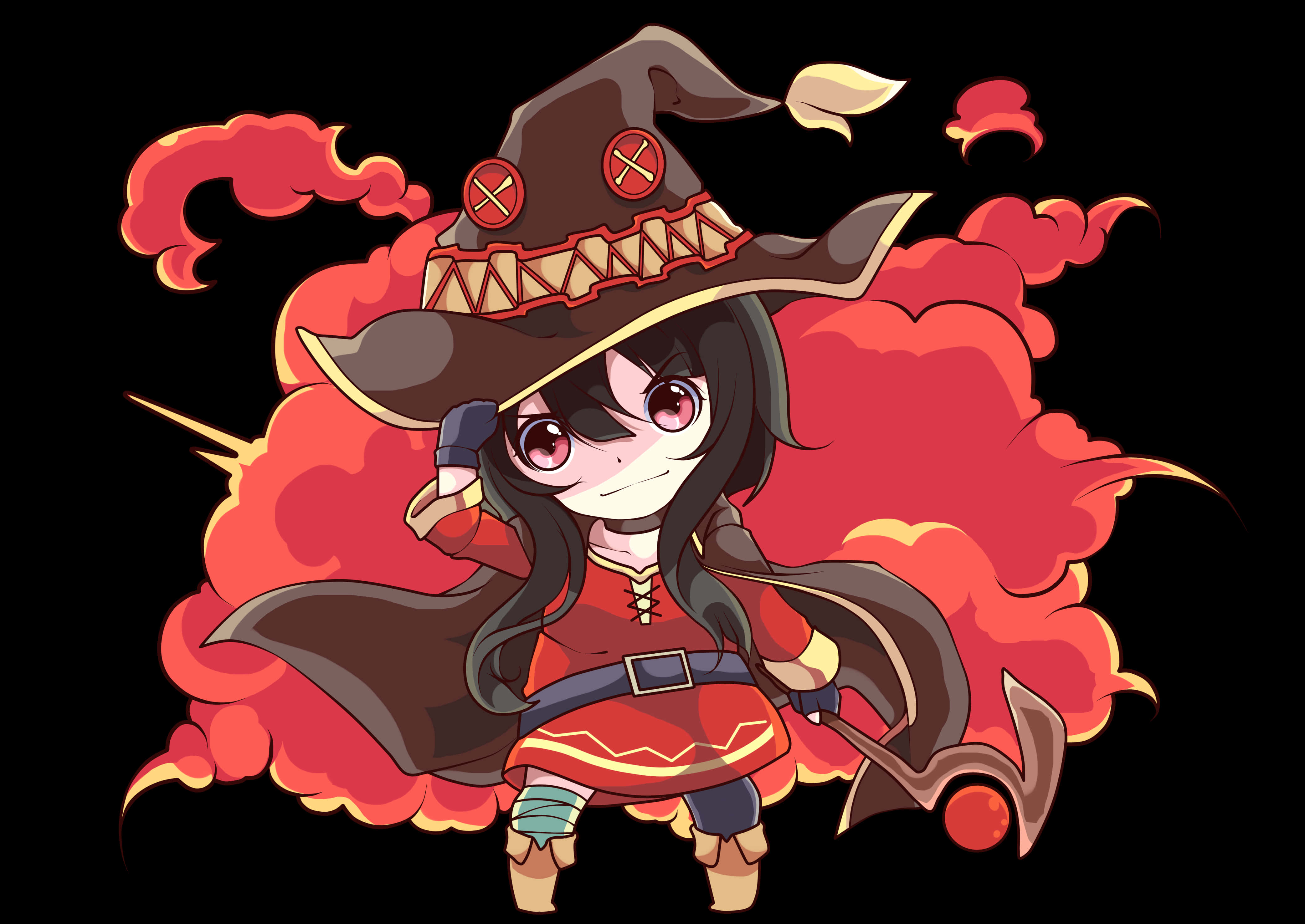 Konosuba 桌布 壁紙 — 一個戴著棕色帽子和紅色服裝的Q版女巫，自信地站在火紅雲朵背景前。