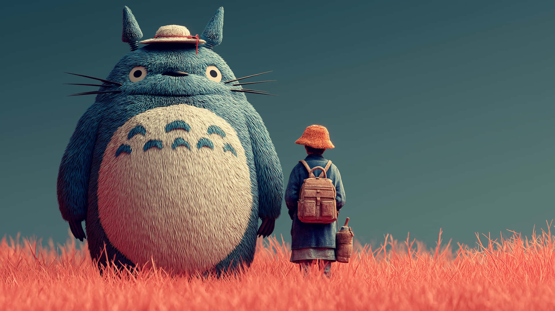Giant Ghibli-Style Totoro and Child in a Red Grassy Field 壁紙 — 一個戴著橙色帽子的小孩在青綠色的天空下，走過紅色草地，旁邊有一隻巨大的藍色龍貓。