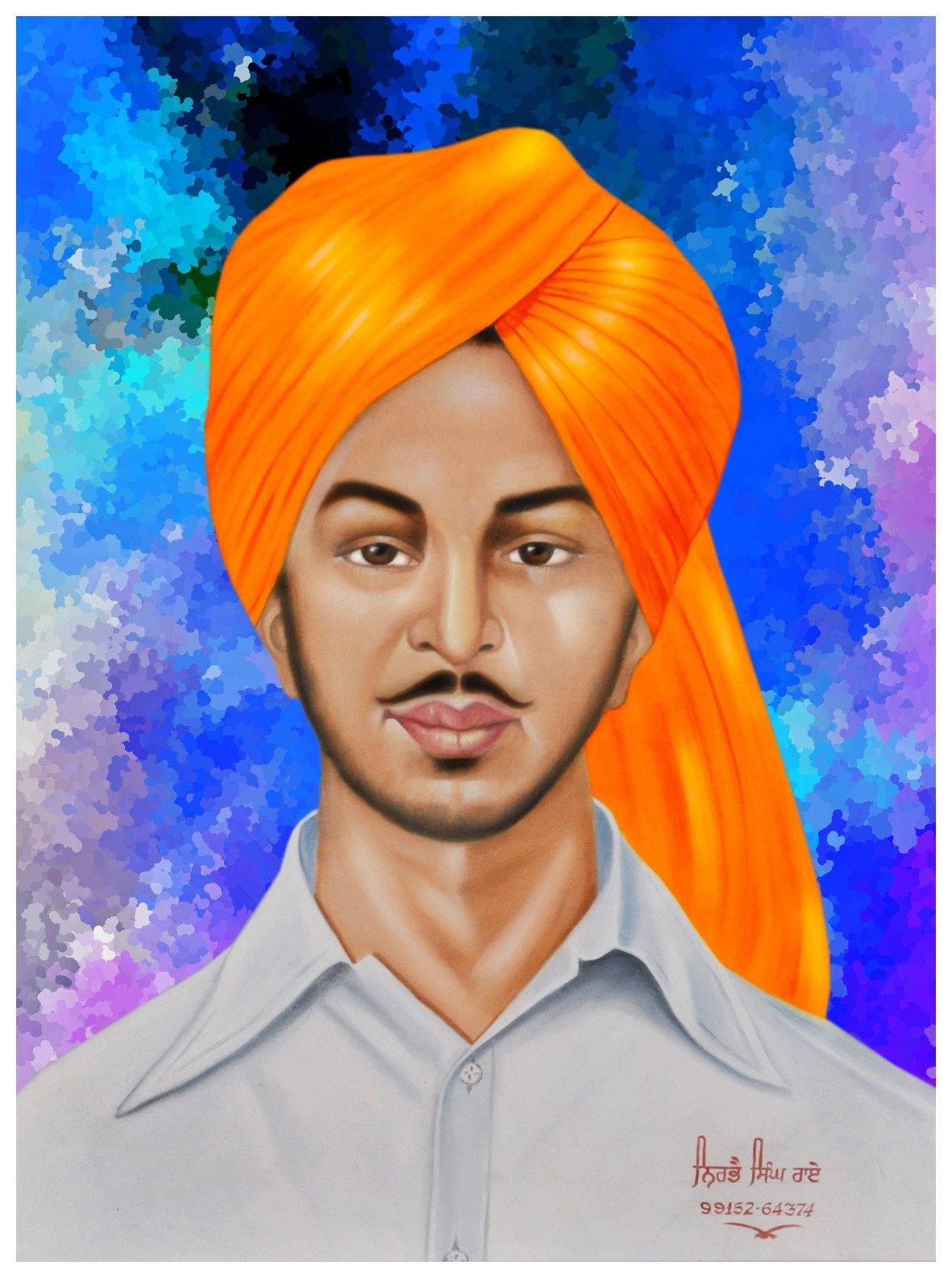 Shaheed Bhagat Singh 桌布 壁紙 — 一個戴著橙色頭巾的男子肖像，背景是充滿活力的藍色和紫色抽象背景。