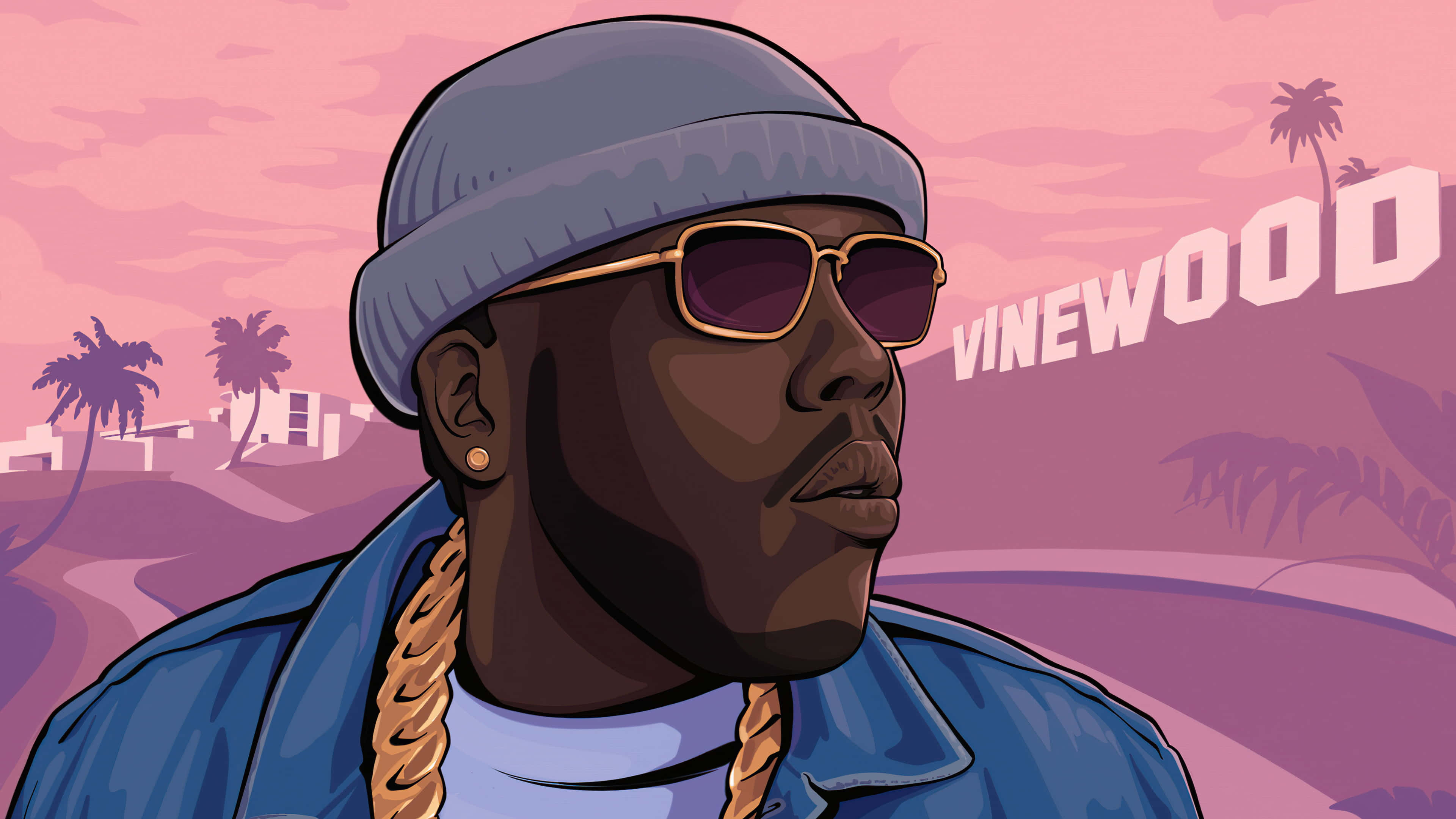 Gta V 4K 桌布 壁紙 — 一個戴著毛帽和太陽眼鏡的風格化插圖男子，站在粉紅色調的Vinewood背景前，有棕櫚樹。