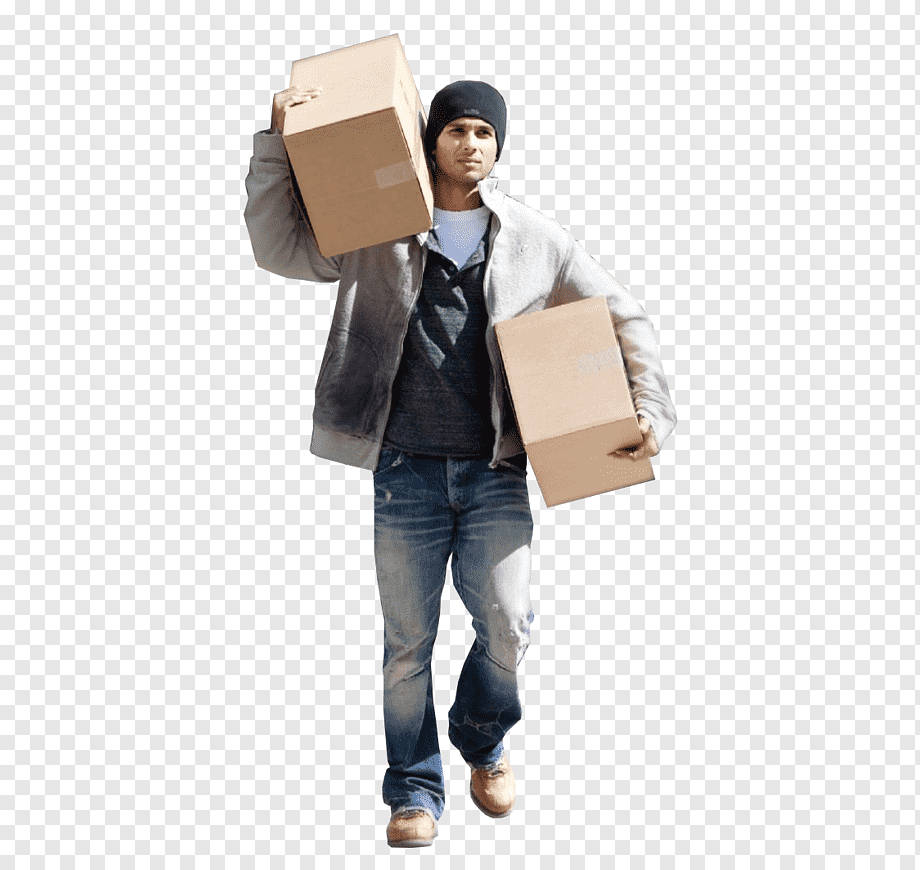 桌布 壁紙 — 一個戴著毛帽和夾克的年輕男子，在透明背景上向前走，搬著兩個紙箱。