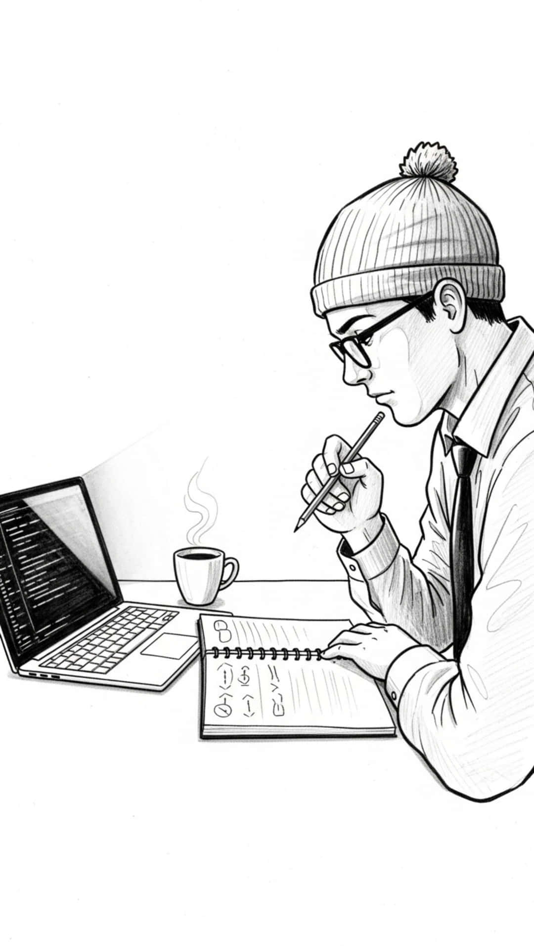 Study Sketch with Open Book, Pencil and Stacked Books 壁紙 — 一個戴著毛帽和眼鏡的人，在筆記型電腦和冒煙的咖啡杯旁邊專注地寫筆記。