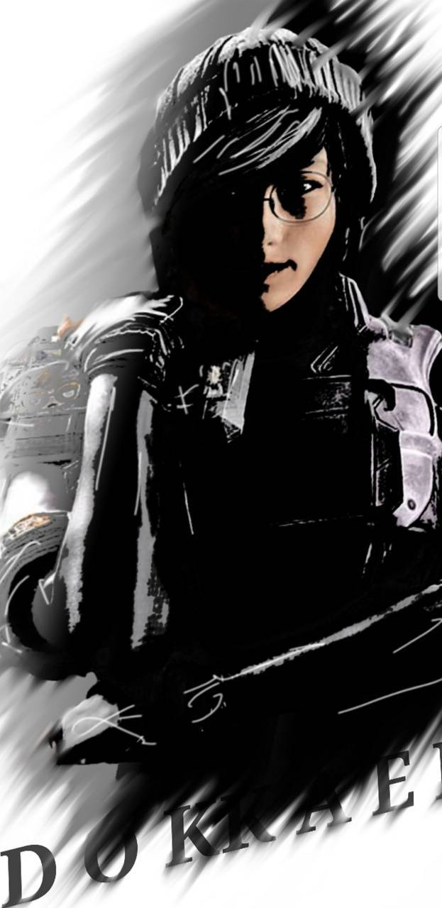 dokkaebi rainbow six siege 桌布 壁紙 — 一個戴著毛帽和眼鏡的風格化動漫女孩，在動態黑白動態模糊背景下強烈凝視。