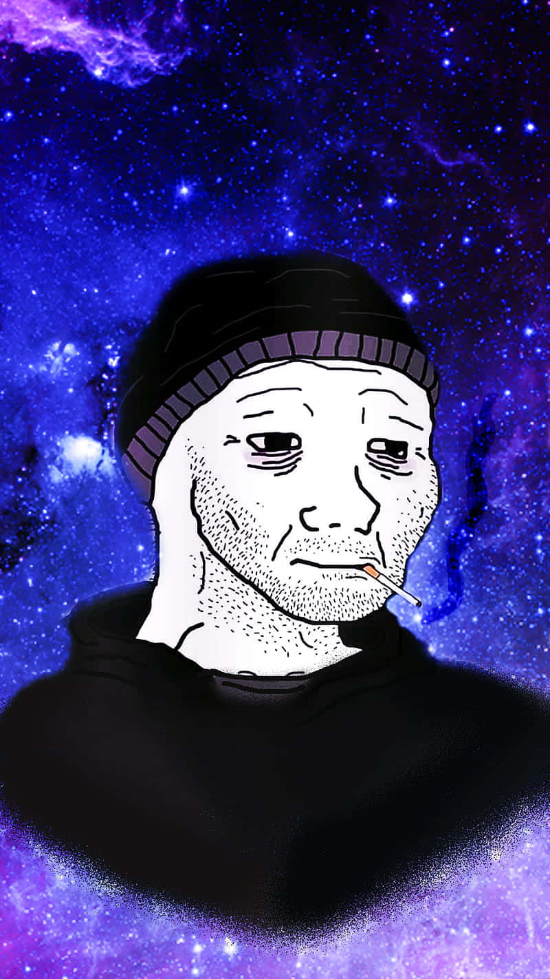 meme 桌布 壁紙 — 一個戴著毛帽的風格化男子，在充滿活力的紫色和藍色宇宙星雲背景下抽煙。