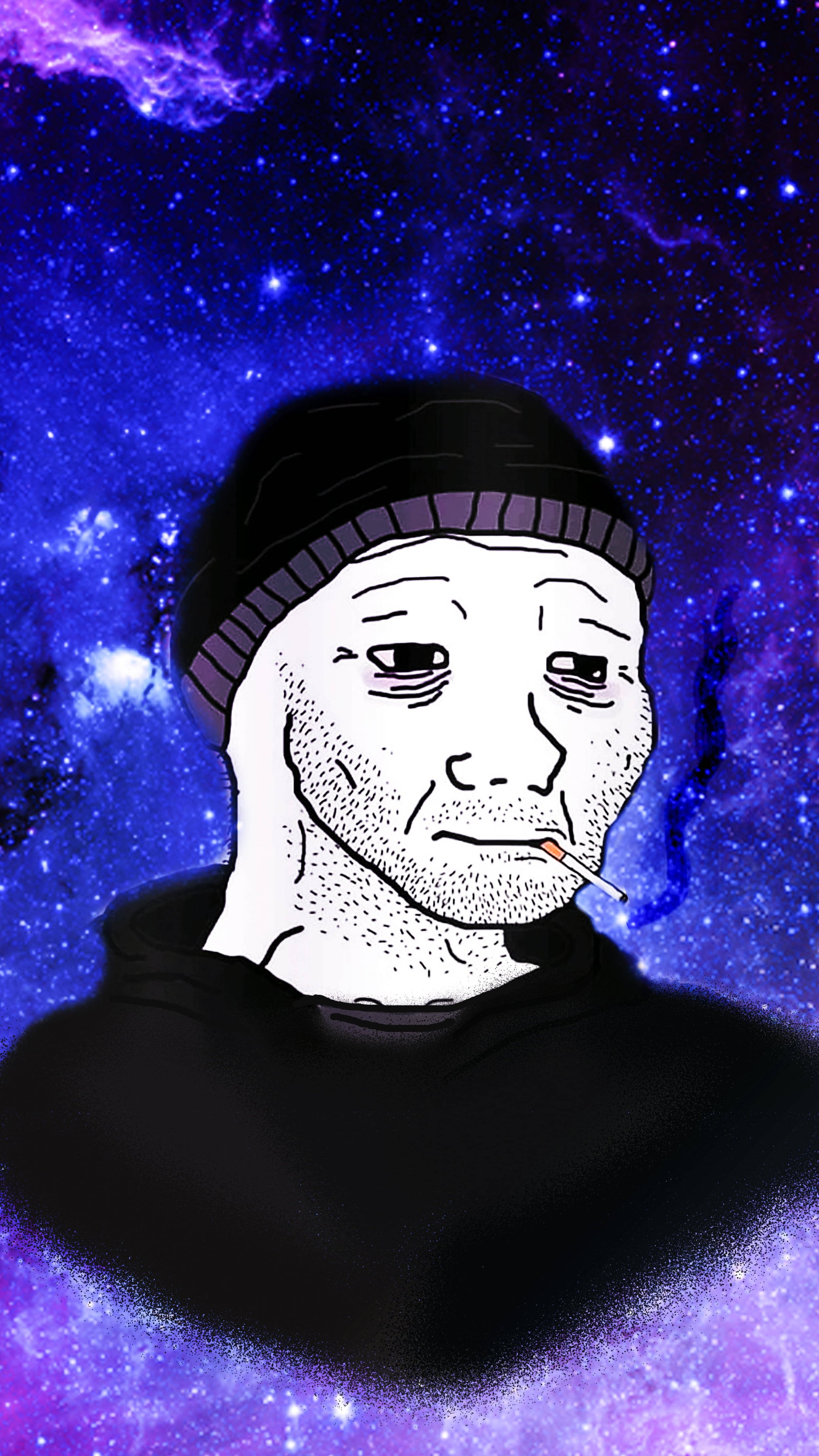 meme 桌布 壁紙 — 一個戴著毛帽的風格化男子，在充滿活力的紫色和藍色宇宙星雲背景下抽煙。
