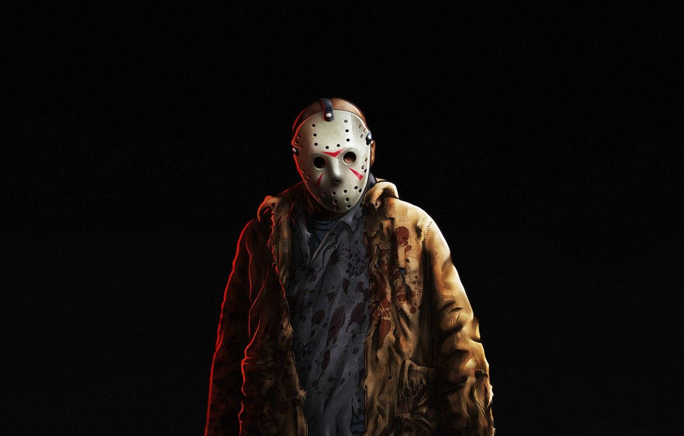 jason 桌布 壁紙 — 一個戴著沾血曲棍球面具、身穿破爛外套的威脅性人物，站在漆黑背景前。