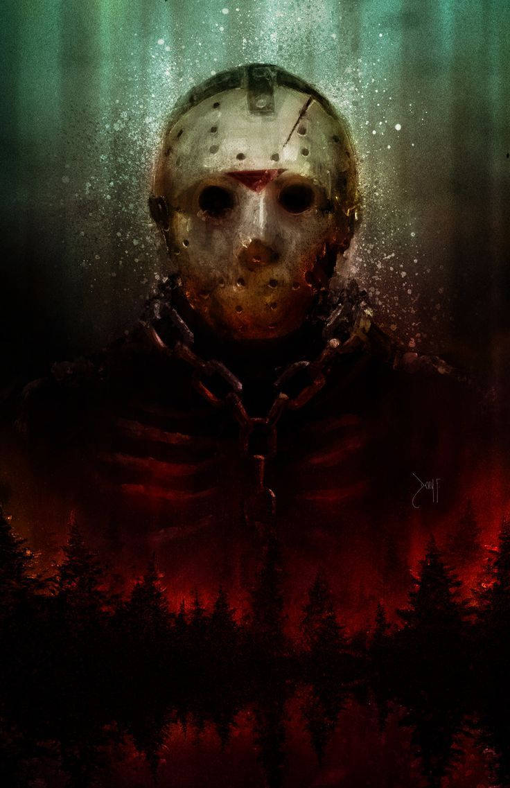 jason 桌布 壁紙 — 一個戴著沾血曲棍球面具的可怕人物，在陰森的綠色和紅色燈光下從黑暗的森林中出現。
