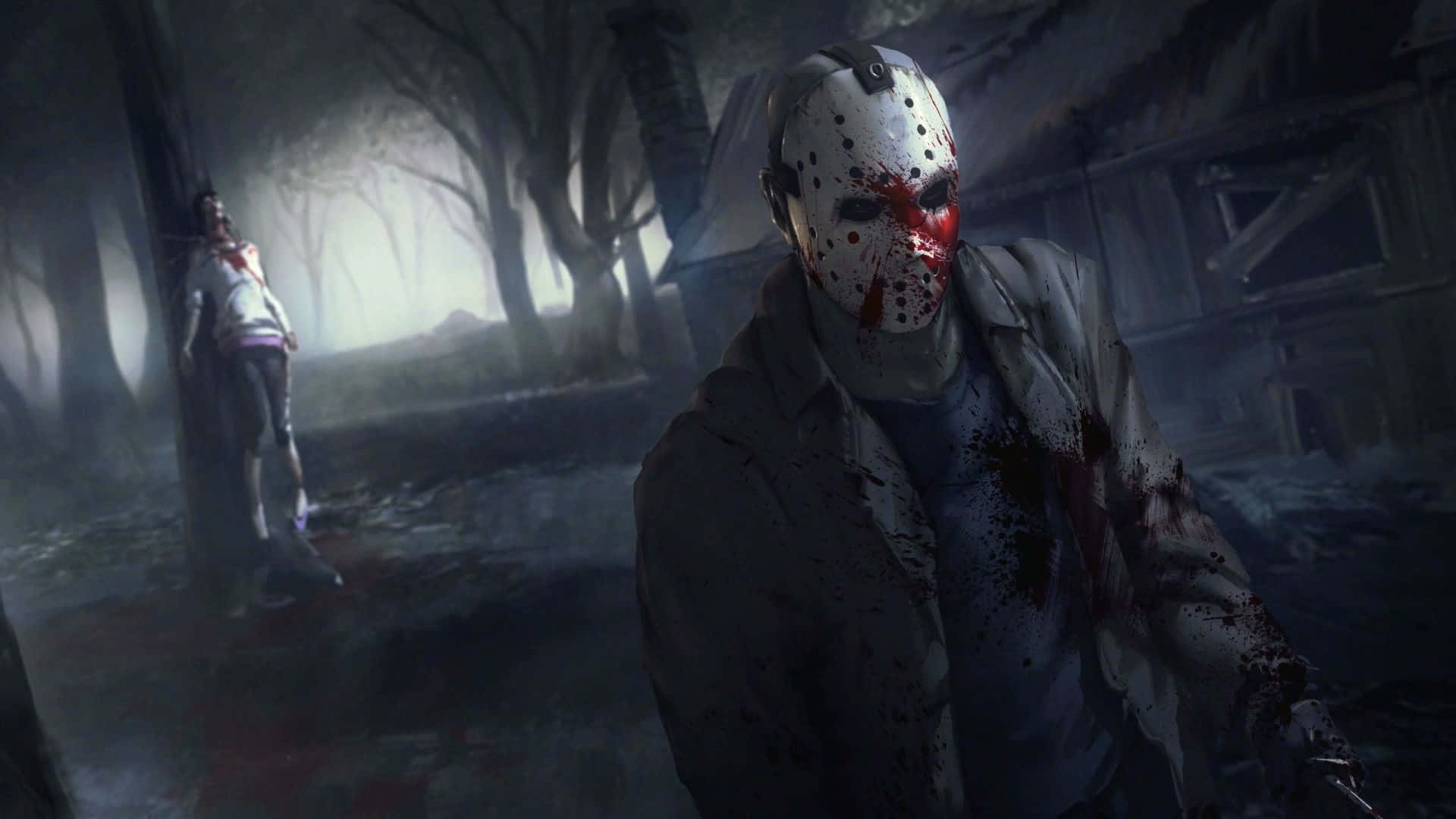 Horror Games 桌布 壁紙 — 一個戴著沾血曲棍球面具的蒙面殺手，在廢棄小屋附近的迷霧森林中潛行。