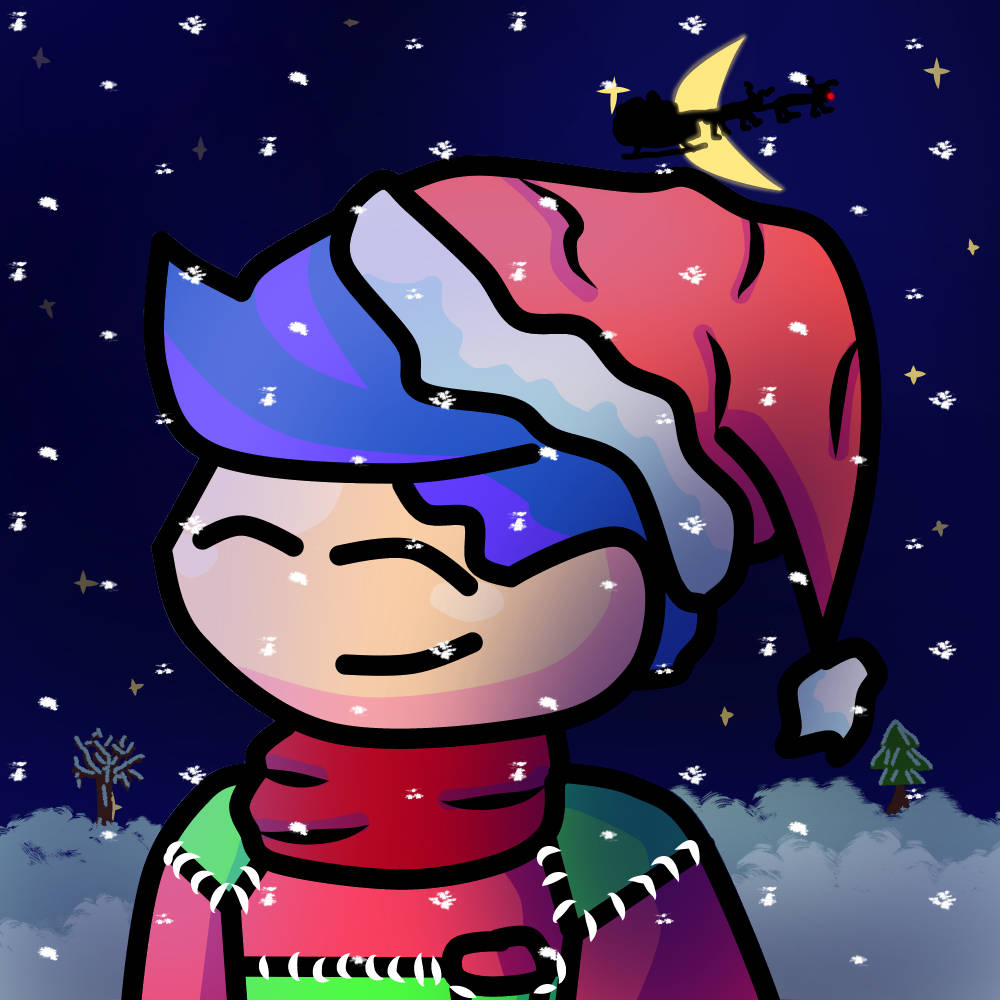 Santa Hat 桌布 壁紙 — 一個戴著沾雪聖誕帽的歡樂卡通角色，在星夜下微笑，背景有新月和雪橇。