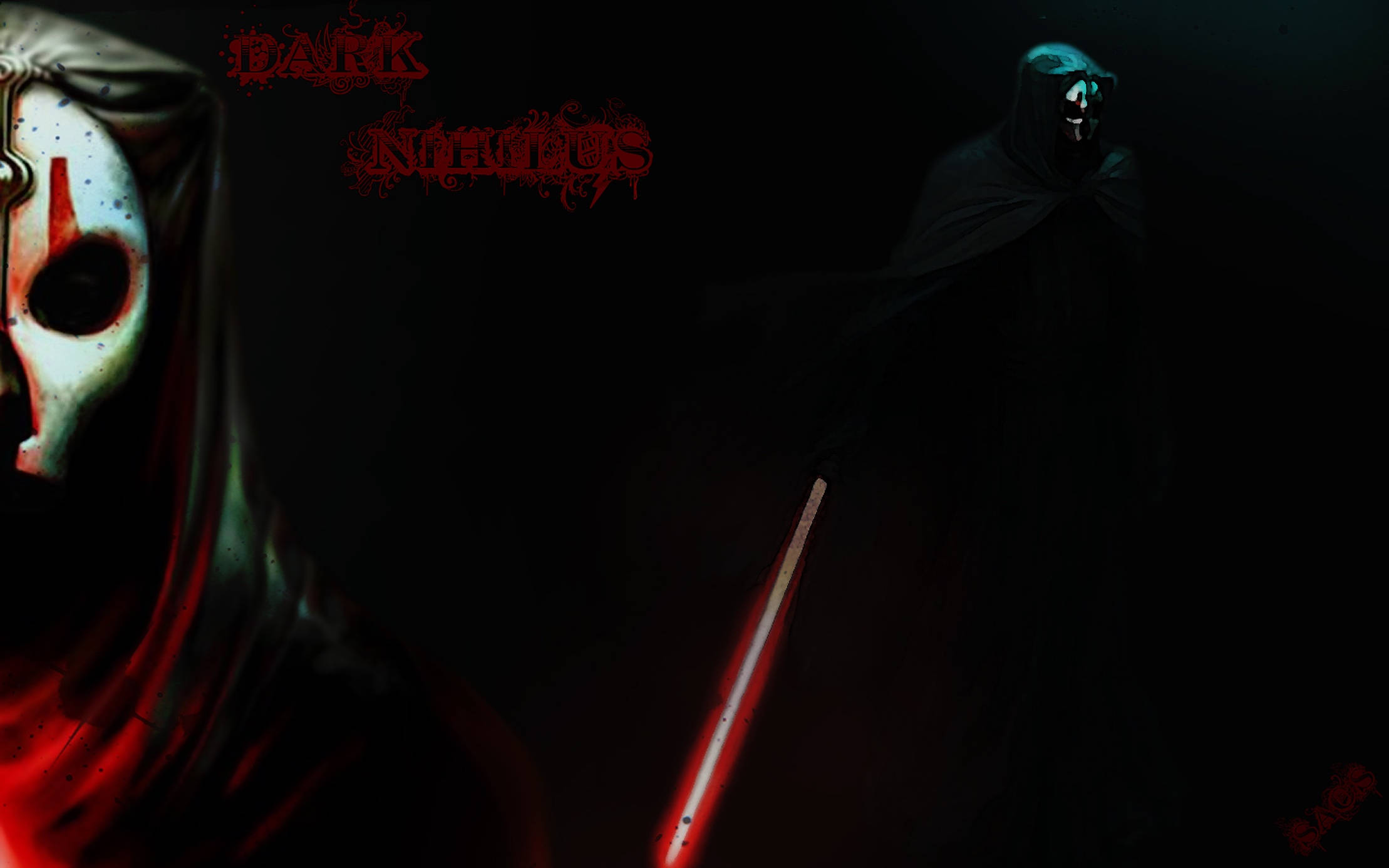 Darth Nihilus 桌布 壁紙 — 一個戴著深色兜帽、手持發光紅色劍的人物，站在一個戴面具的恐怖角色旁邊，場景陰暗且不祥。