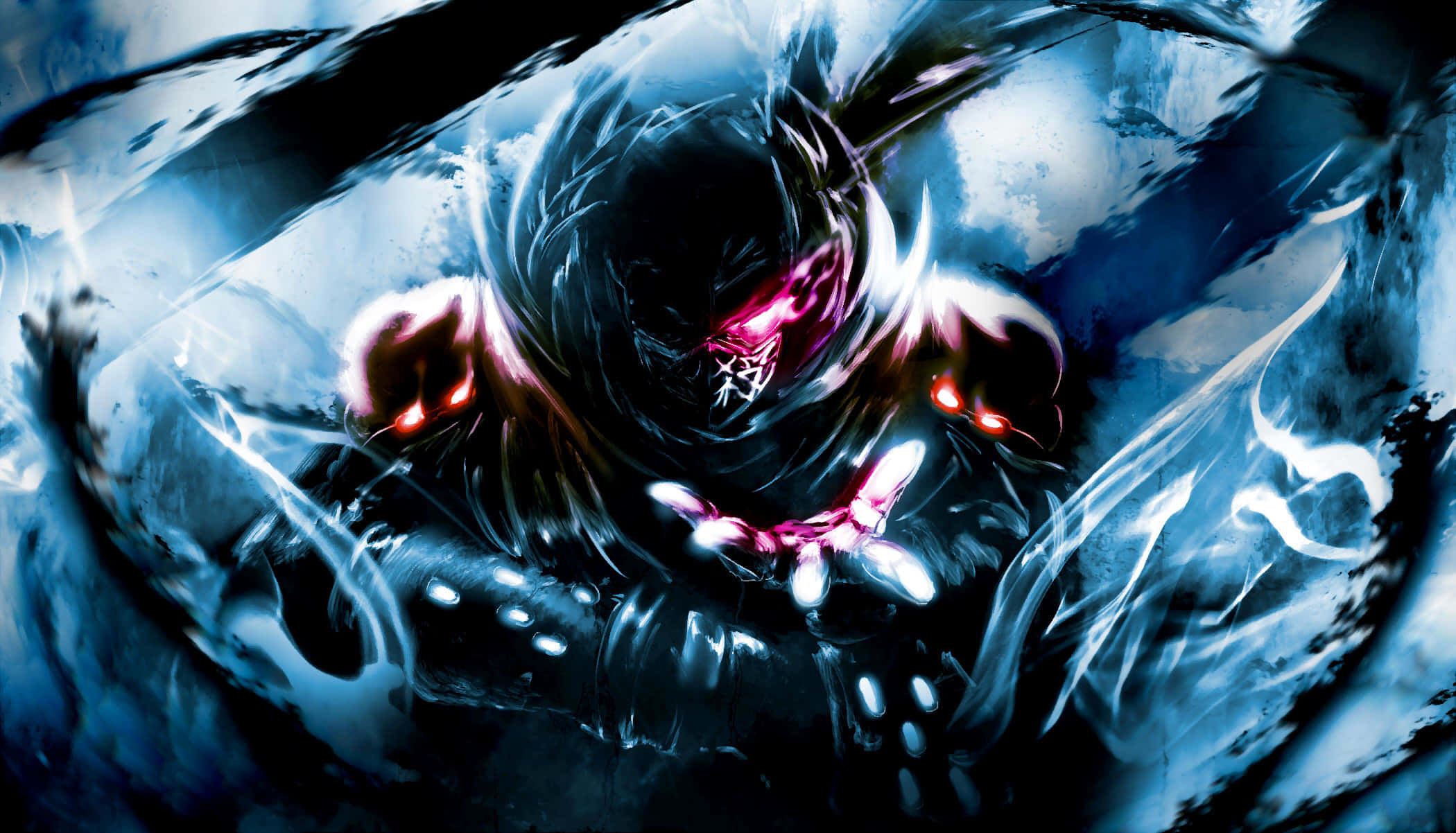 Demon Fighting 桌布 壁紙 — 一個戴著深色連帽的身影，擁有發光的紅色眼睛和雙手，從旋轉的藍色能量中出現，呈現戲劇性的動漫風格場景。