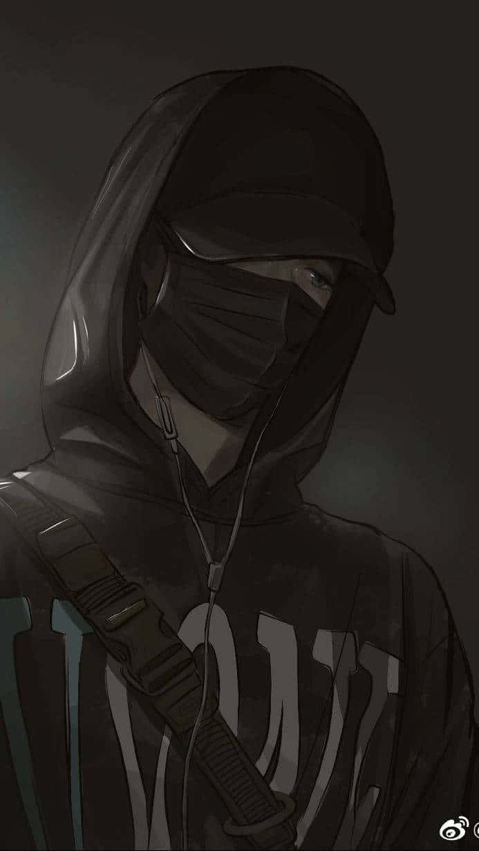 Dark Anime Boy 桌布 壁紙 — 一個戴著深色連帽衫和口罩的人物，在柔和的灰色背景下戴著耳機聽音樂。
