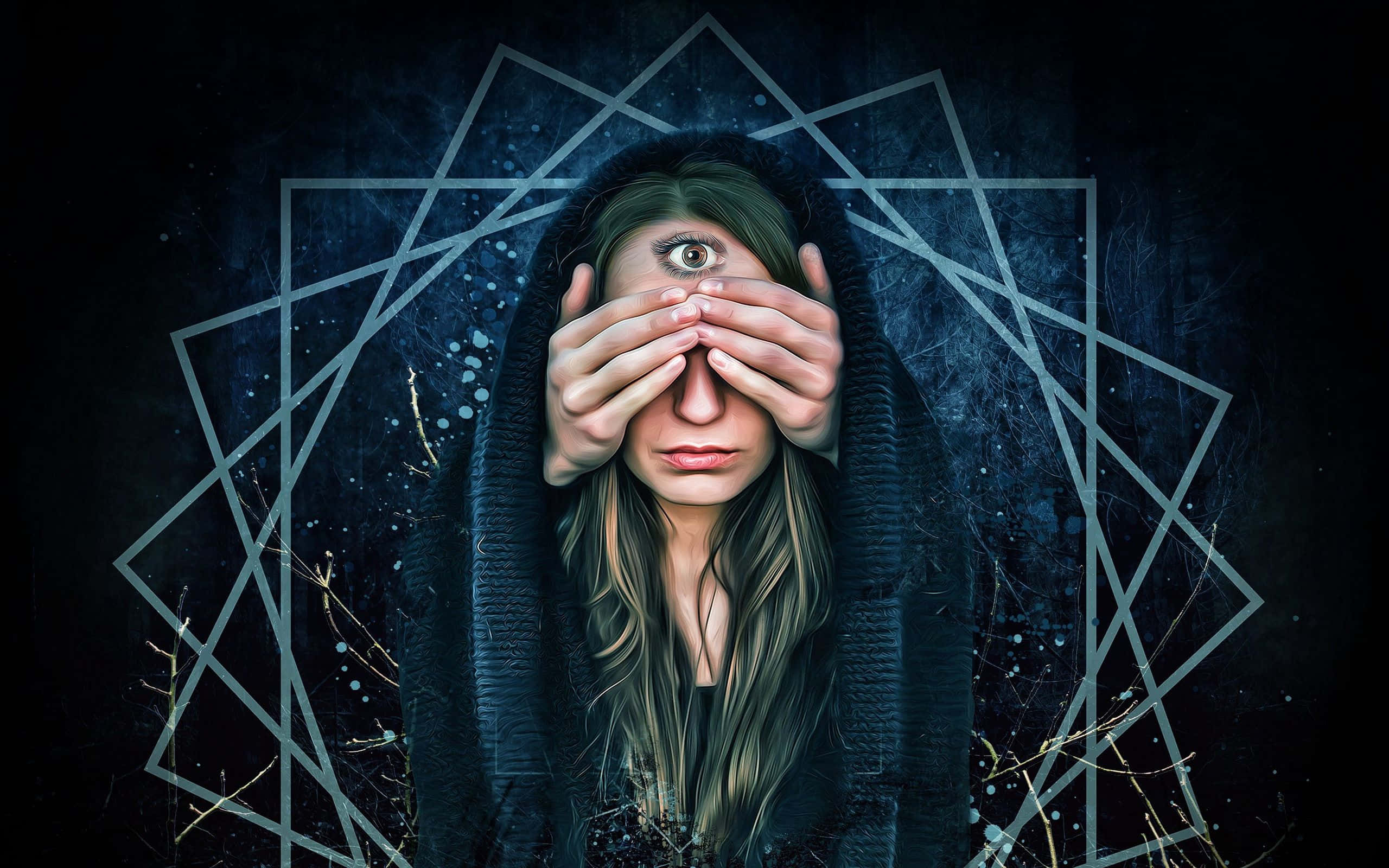 Third Eye 桌布 壁紙 — 一個戴著深色連帽衫的人用手遮住眼睛，露出一隻發光的眼睛，周圍環繞著幾何圖案和發光粒子。