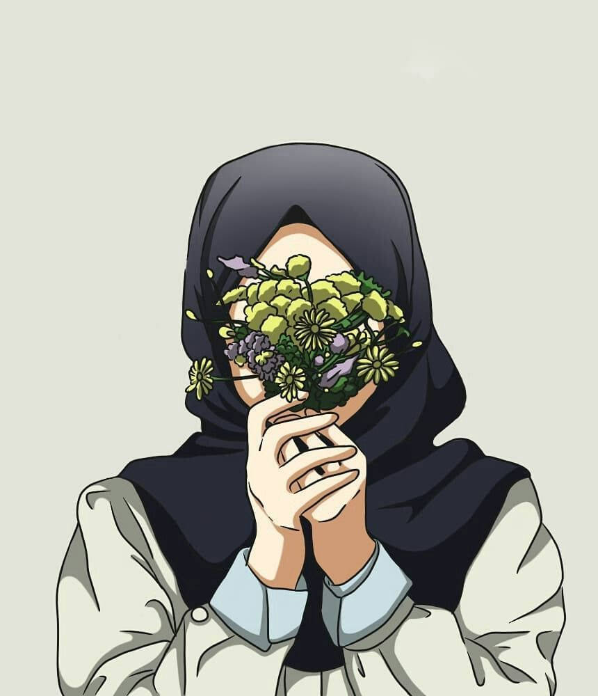 美學 桌布 壁紙 — 一個戴著深色頭巾的人拿著一束充滿活力的綠色和紫色花朵遮住臉，背景是柔和的灰色。