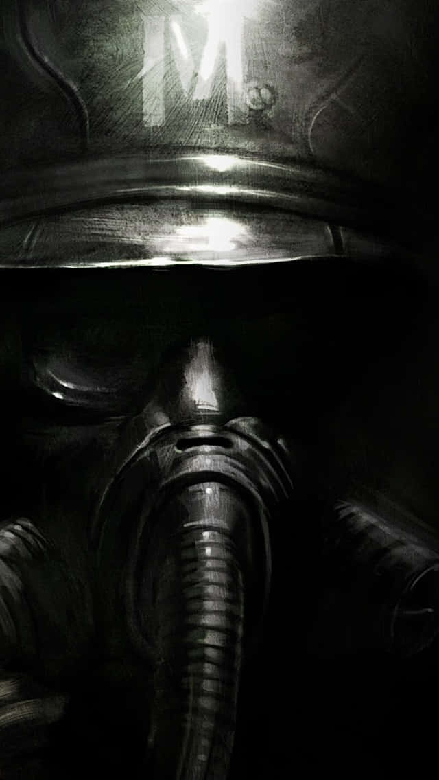 Android Metro Last Light 桌布 壁紙 — 一個戴著深色頭盔的人物特寫，在強烈燈光下帶有發光的「M」標誌。