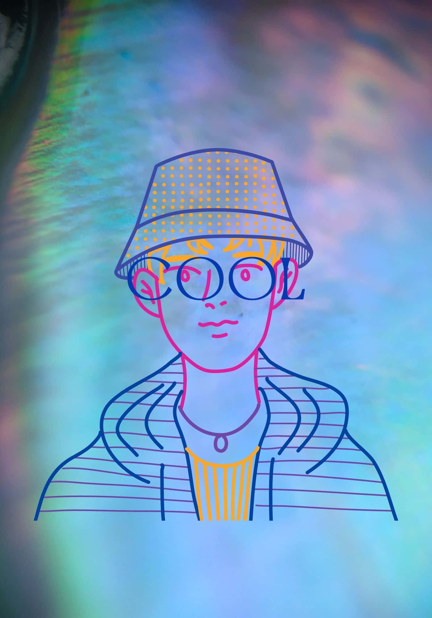 Cool Guy 桌布 壁紙 — 一個戴著漁夫帽和眼鏡的酷炫人物的風格化插圖肖像，背景是充滿活力的彩虹色。