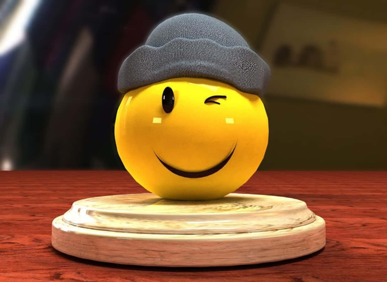 Smiley 桌布 壁紙 — 一個戴著灰色毛帽的開心黃色笑臉表情符號，坐在紅色桌子上方的木製底座上。