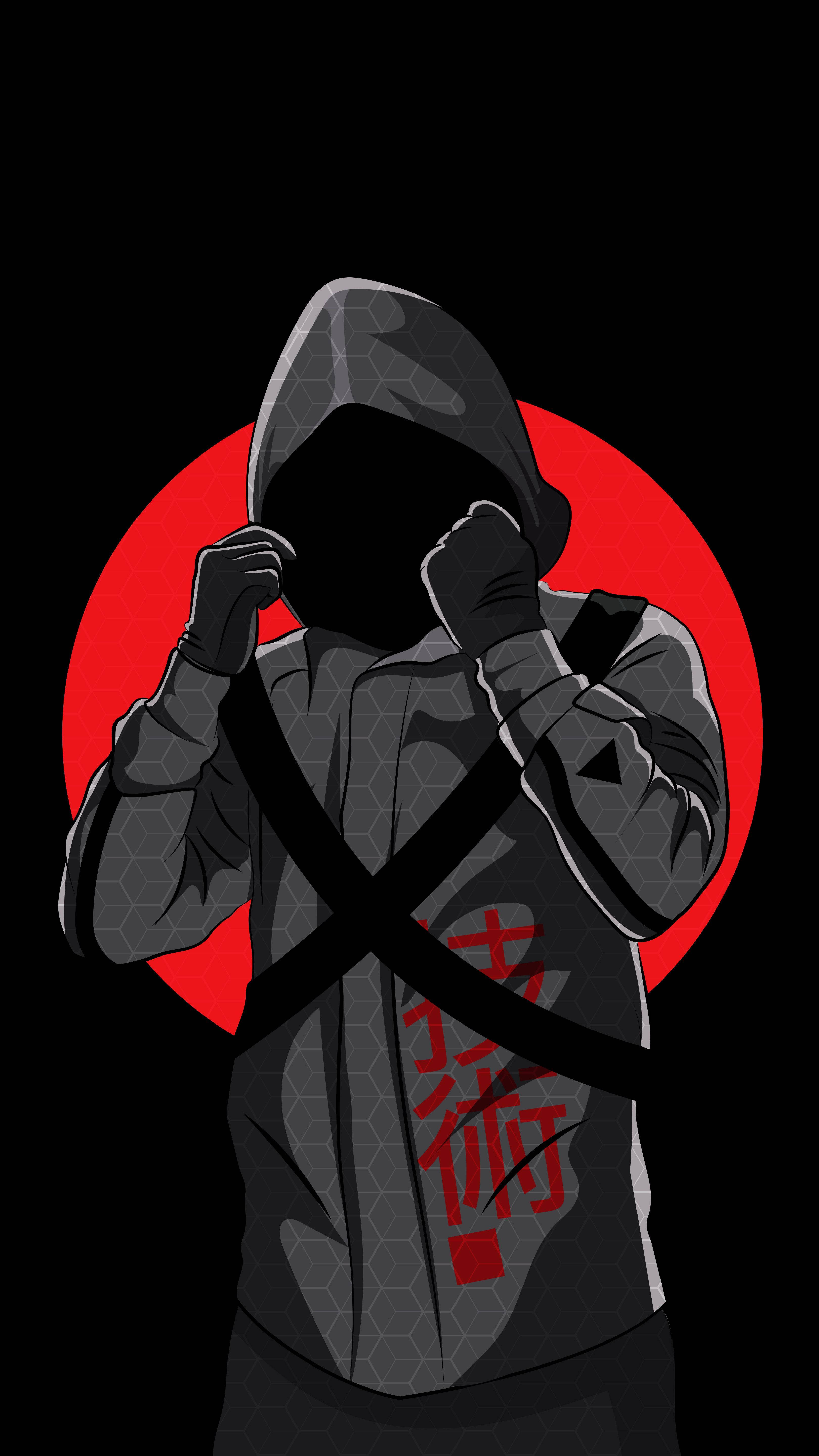 Hoodie 桌布 壁紙 — 一個戴著灰色連帽衫、上面有紅色漢字的人物，站在大膽的紅色圓形背景前，雙手緊抓著帽子。