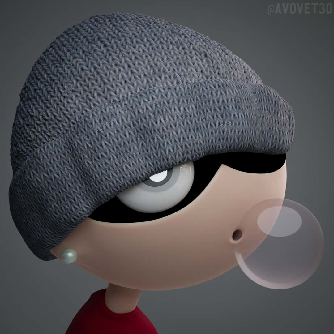 Cartoon 桌布 壁紙 — 一個戴著灰色針織毛帽的風格化3D角色，在純灰色背景上吹著一個泡泡糖泡泡。