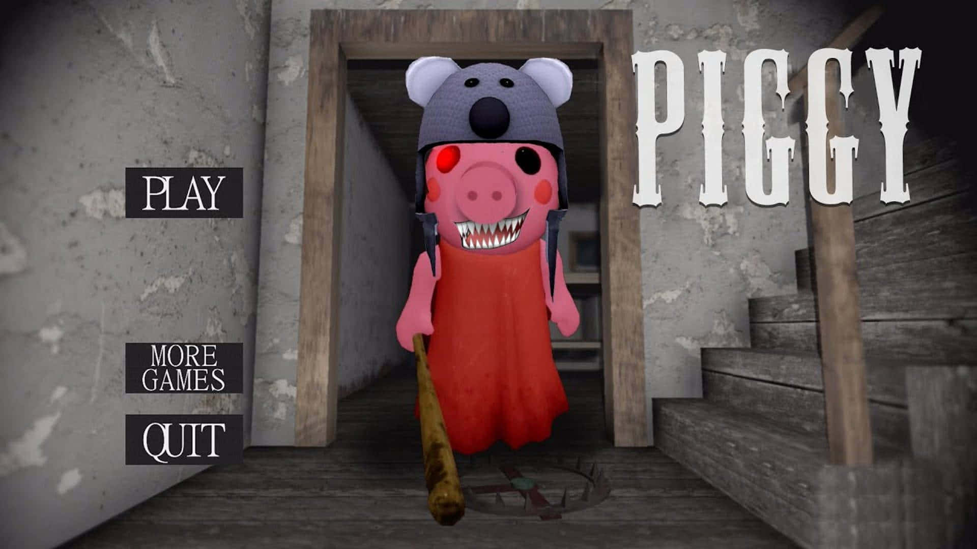 Cool Piggy 桌布 壁紙 — 一個戴著灰色頭盔、穿著紅色連衣裙的威脅性粉紅豬角色，在破舊的木門口中拿著棒球棍。