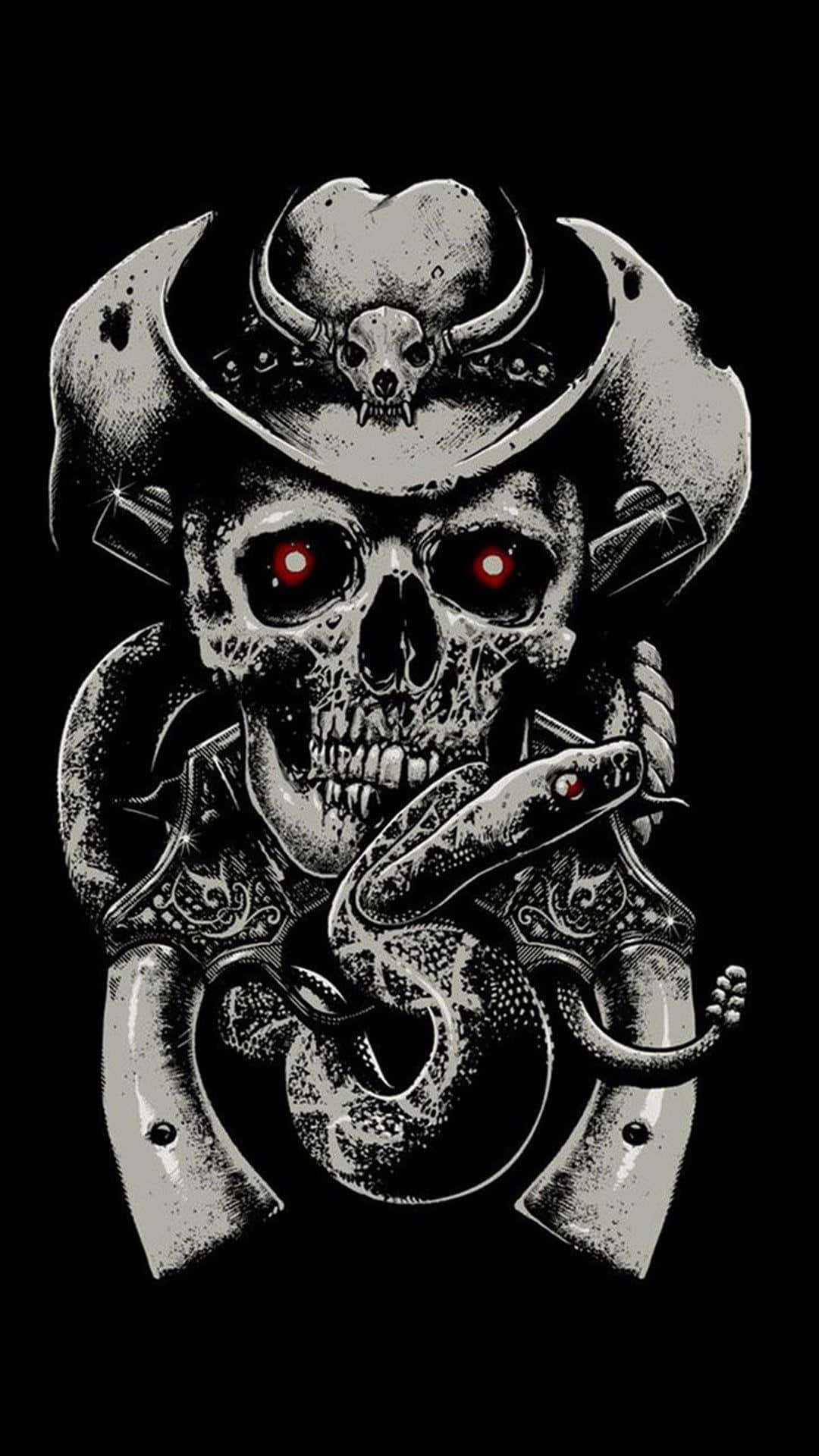 Skull Phone 桌布 壁紙 — 一個戴著牛仔帽、眼睛發出紅光的可怕骷髏頭，手持華麗的左輪手槍，一條蛇纏繞著它的下頜，背景為黑色。