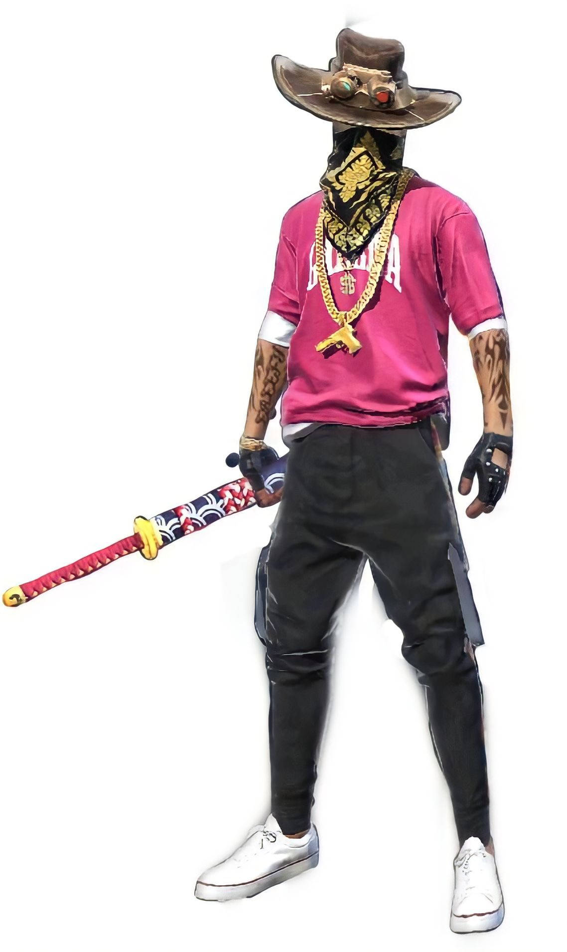 Free Fire 嘻哈套裝 桌布 壁紙 — 一個戴著牛仔帽、身穿粉紅色襯衫的蒙面人物，在純白色背景前揮舞著一把裝飾性的武士刀。