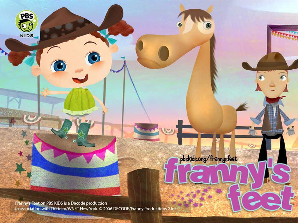 pbs kids 桌布 壁紙 — 一個戴著牛仔帽和靴子的快樂卡通女孩站在一個色彩繽紛的平台上，旁邊有一匹大馬和另一個孩子，場景是牛仔競技表演。