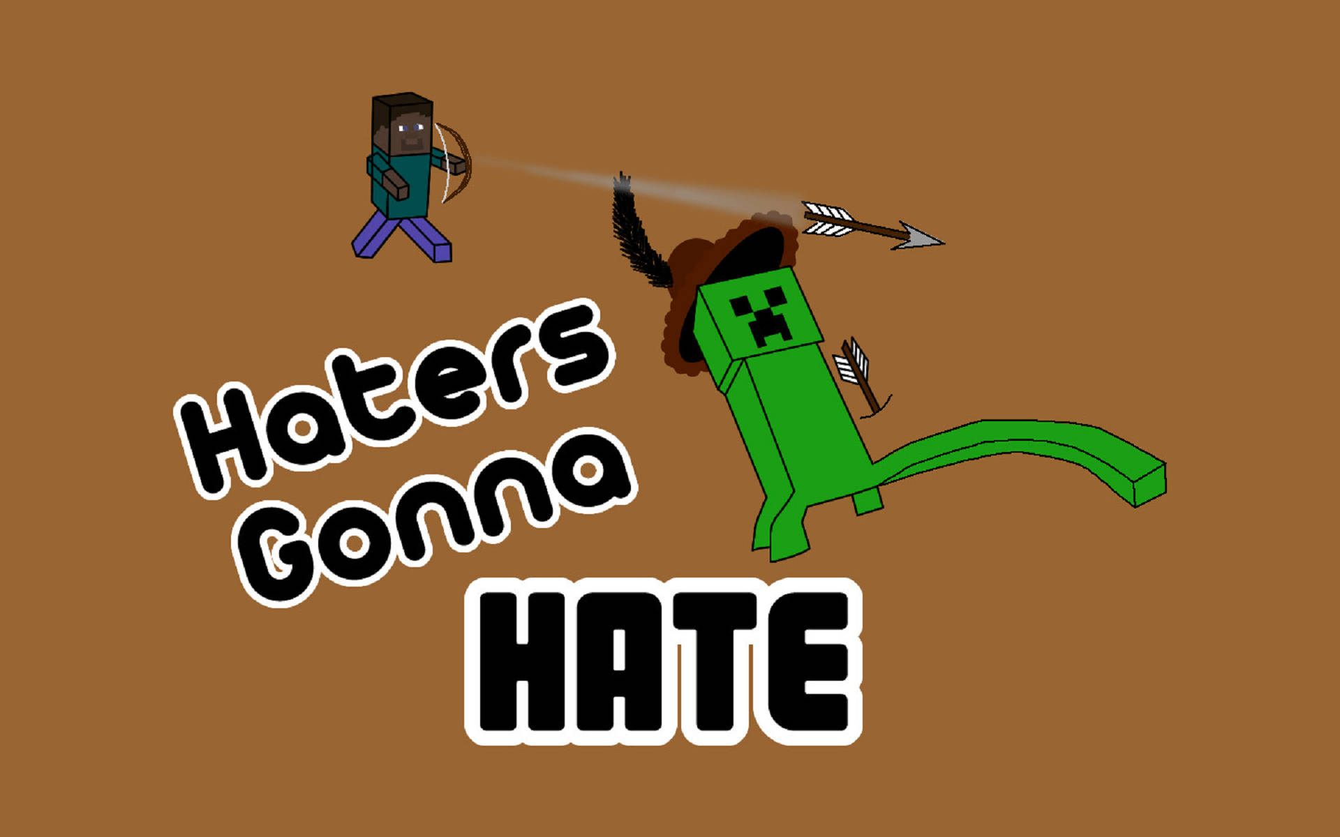 Minecraft 苦力怕戴牛仔帽被村民射中，文字 'Haters Gonna HATE'。