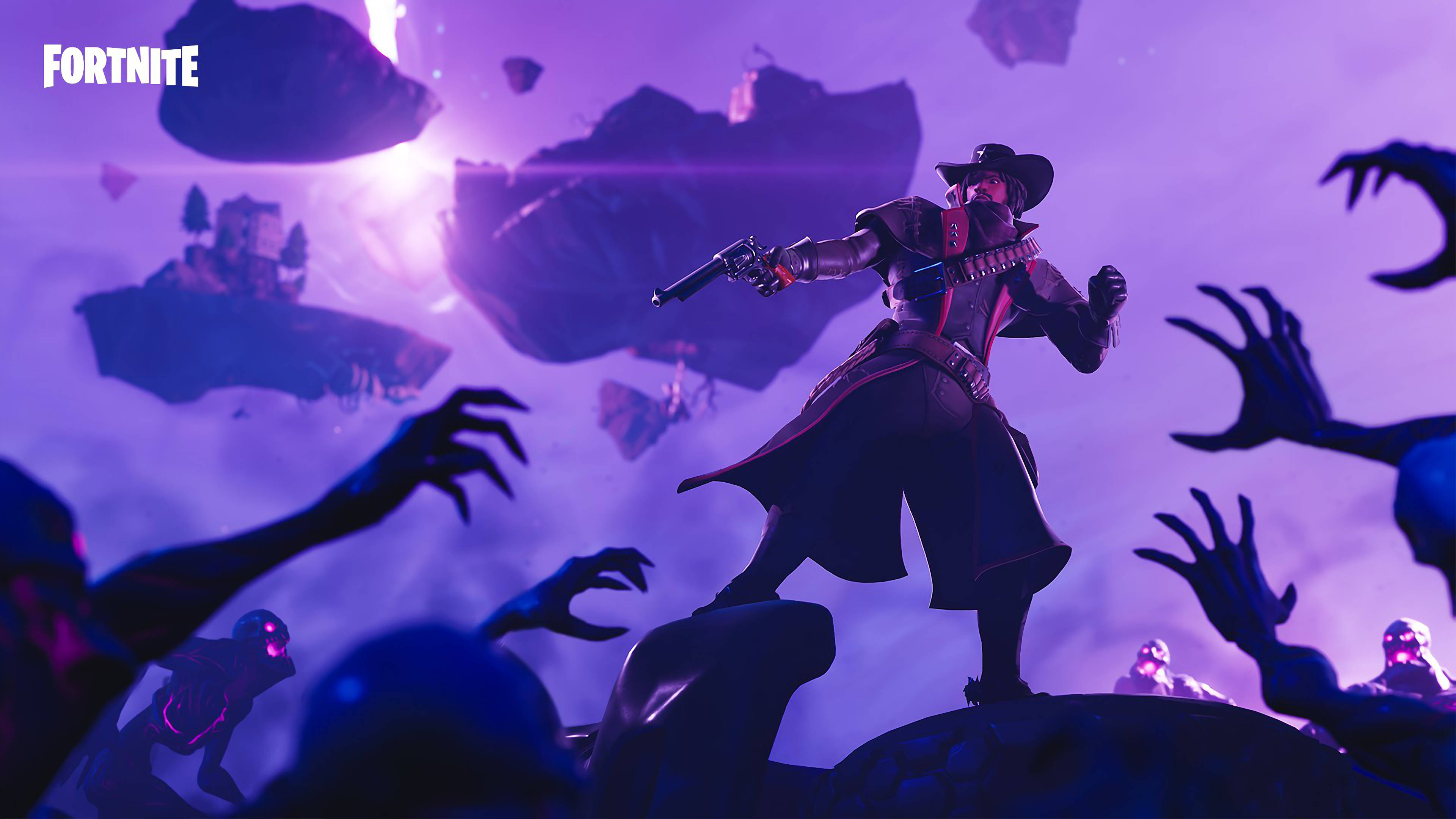 Fortnite 桌布 壁紙 — 一個戴著牛仔帽的Fortnite角色挑釁地站在紫色天空中的浮石上，陰影般的手從下方伸上來。